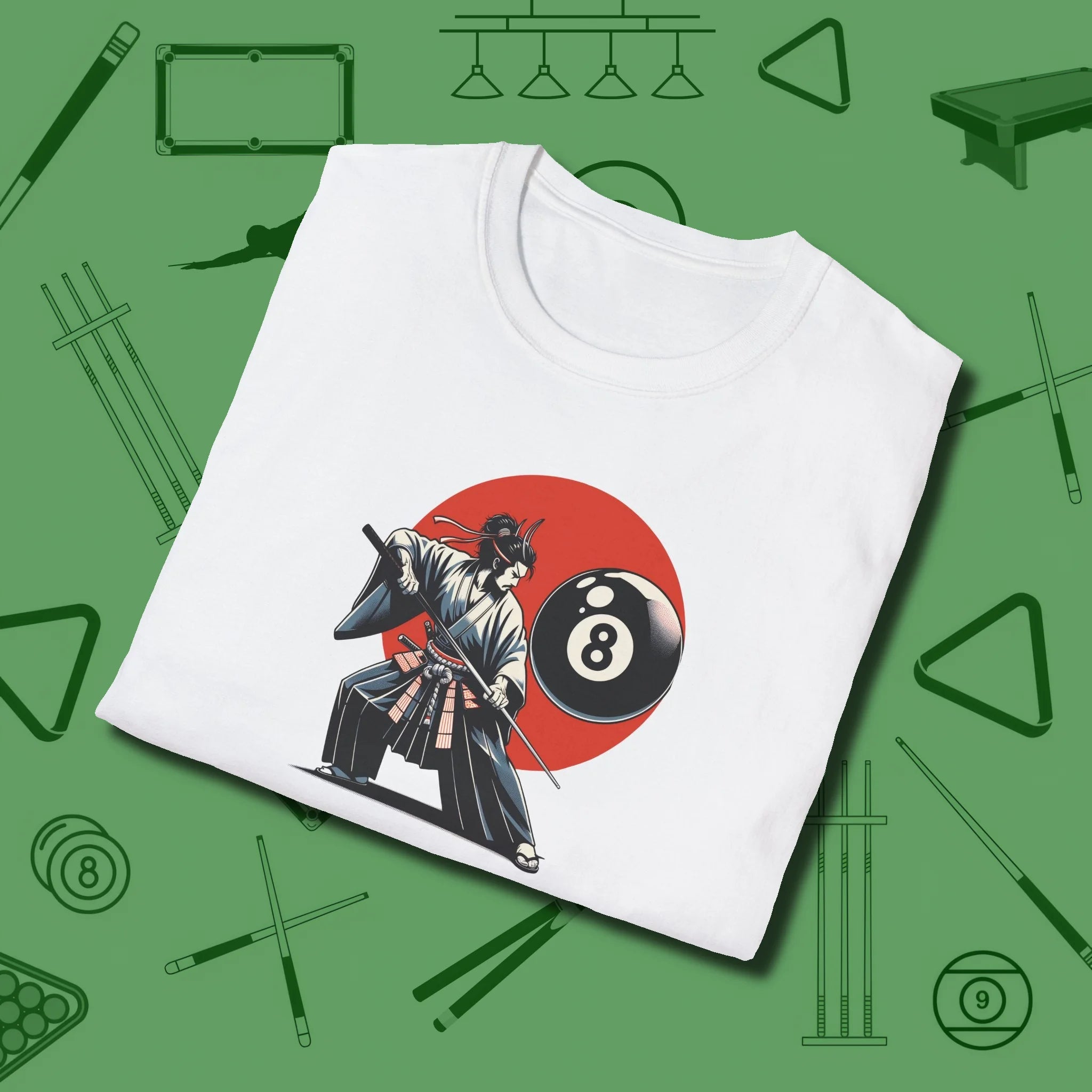 Hall Samurai T-Shirt, folded view, in White not your average 8-ball graphic tee