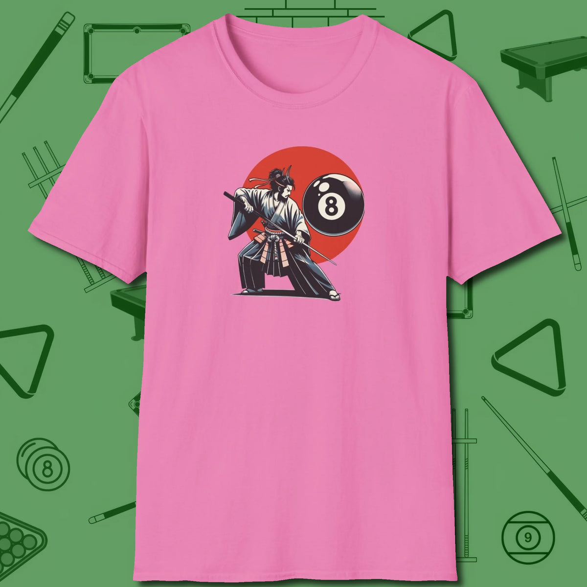 Hall Samurai T-Shirt, front view, in Azalea an extension of your pool persona