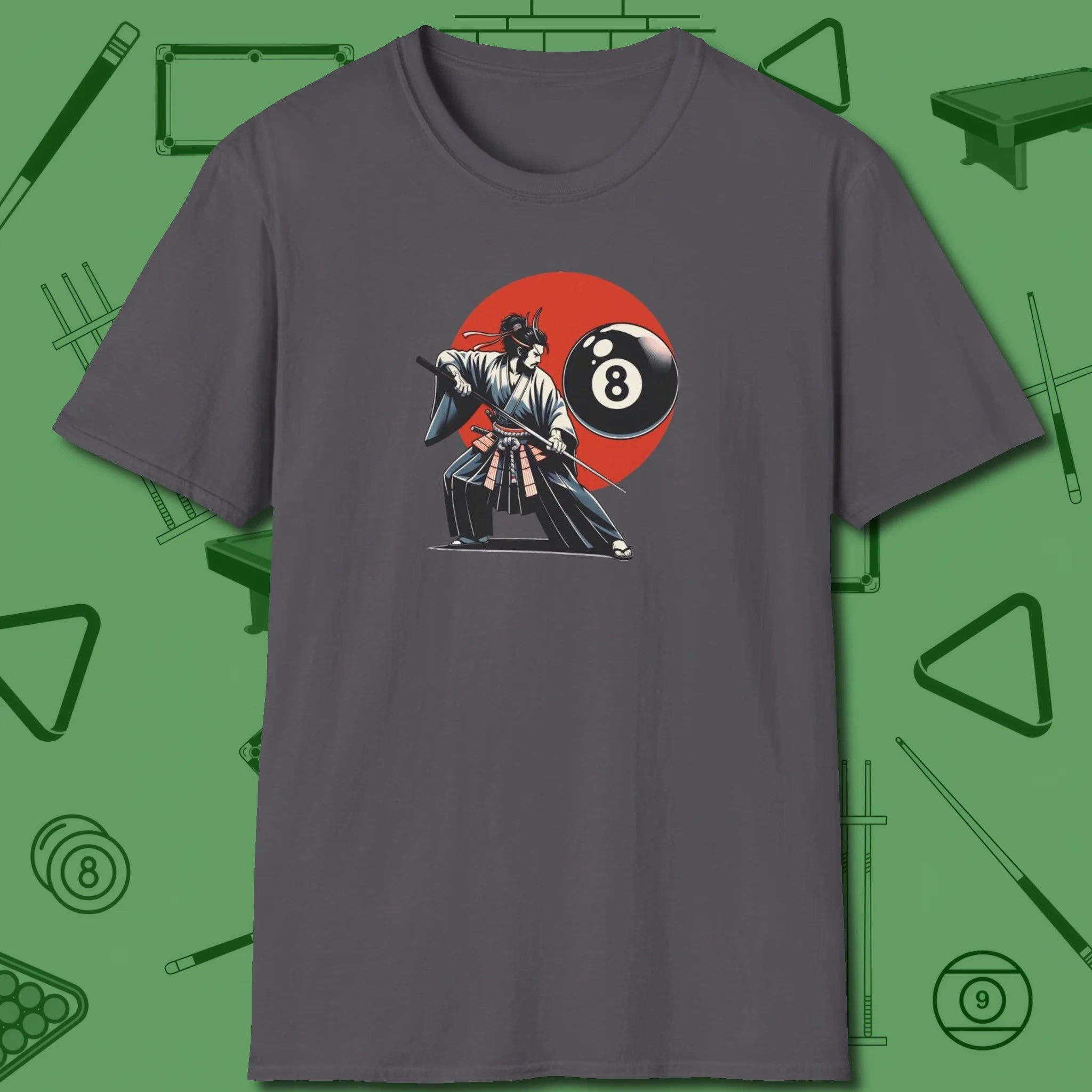 Hall Samurai T-Shirt, front view, in Charcoal dress for the shot you want to take