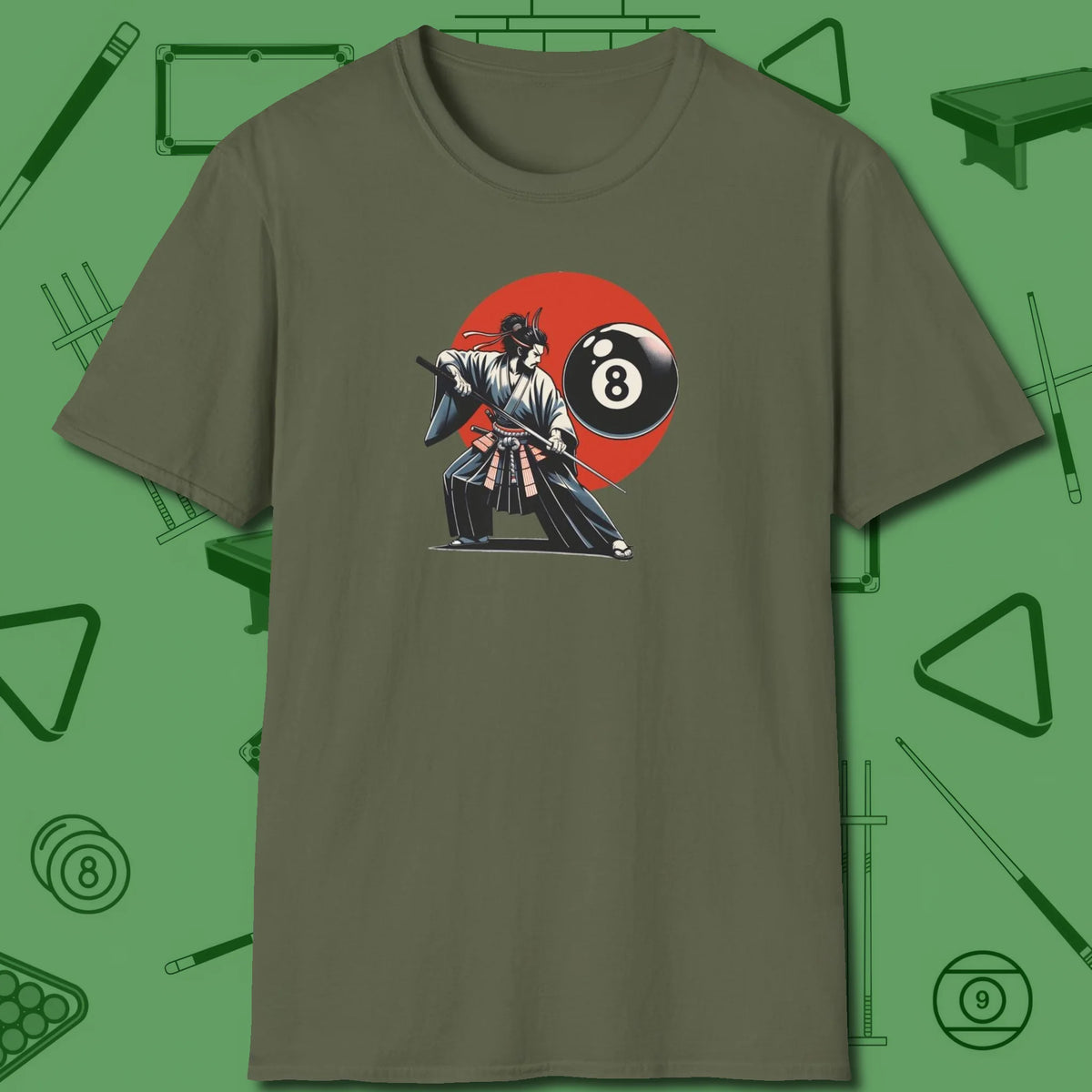 Hall Samurai T-Shirt, front view, in Military Green dress for the shot you want to take