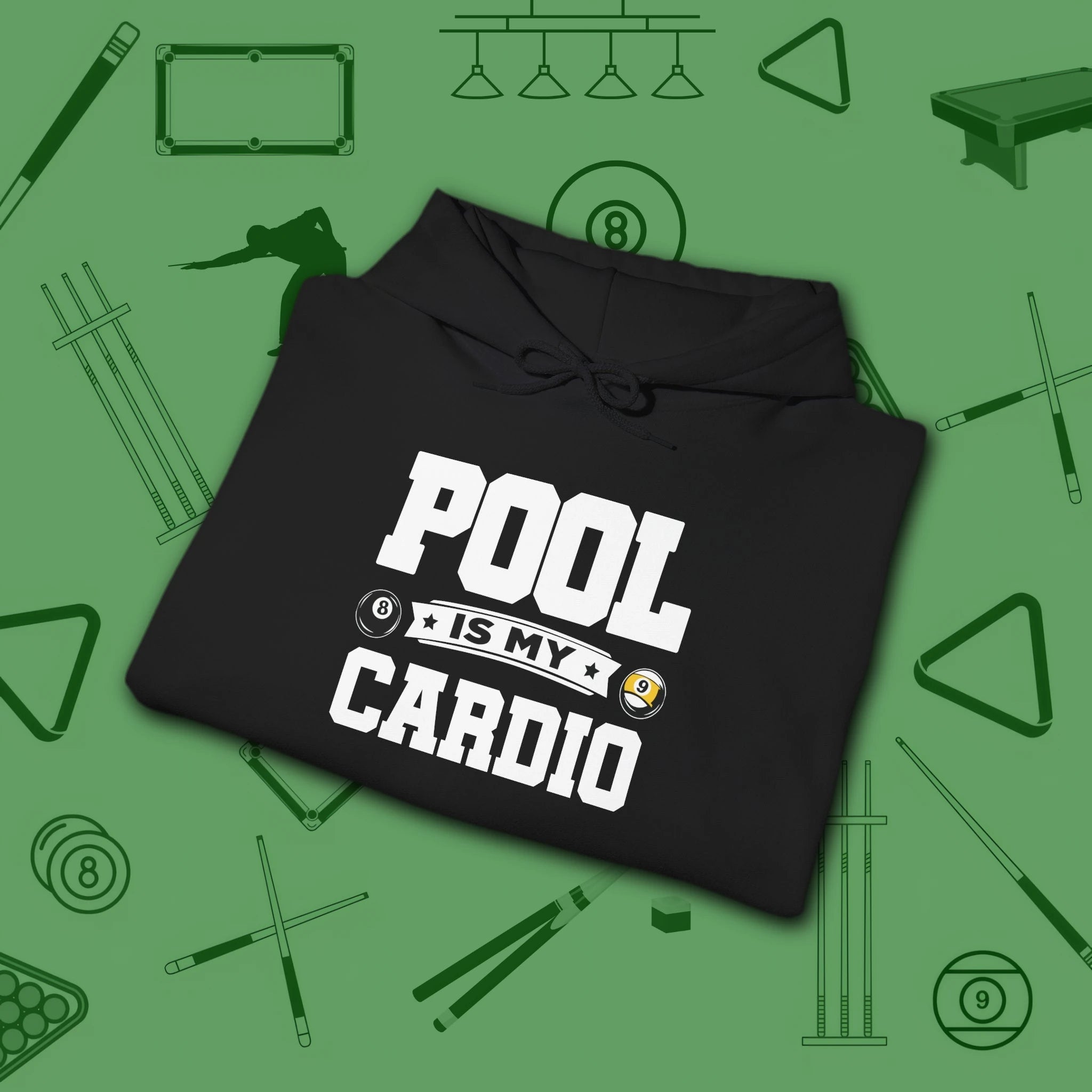 Pool Is My Cardio Hoodie, in Black color, billiards hoodie, folded view