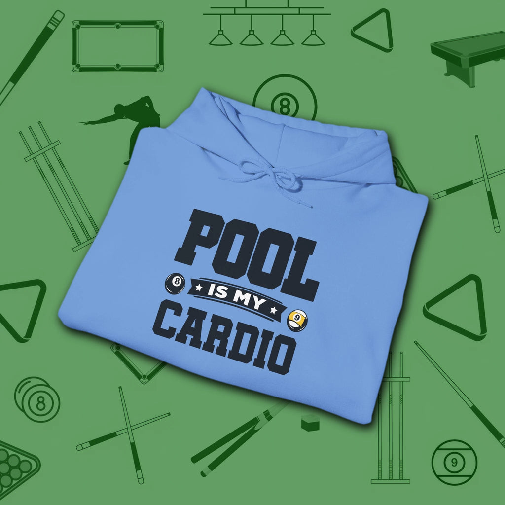Pool Is My Cardio Hoodie, in Carolina Blue color, billiards hoodie, folded view