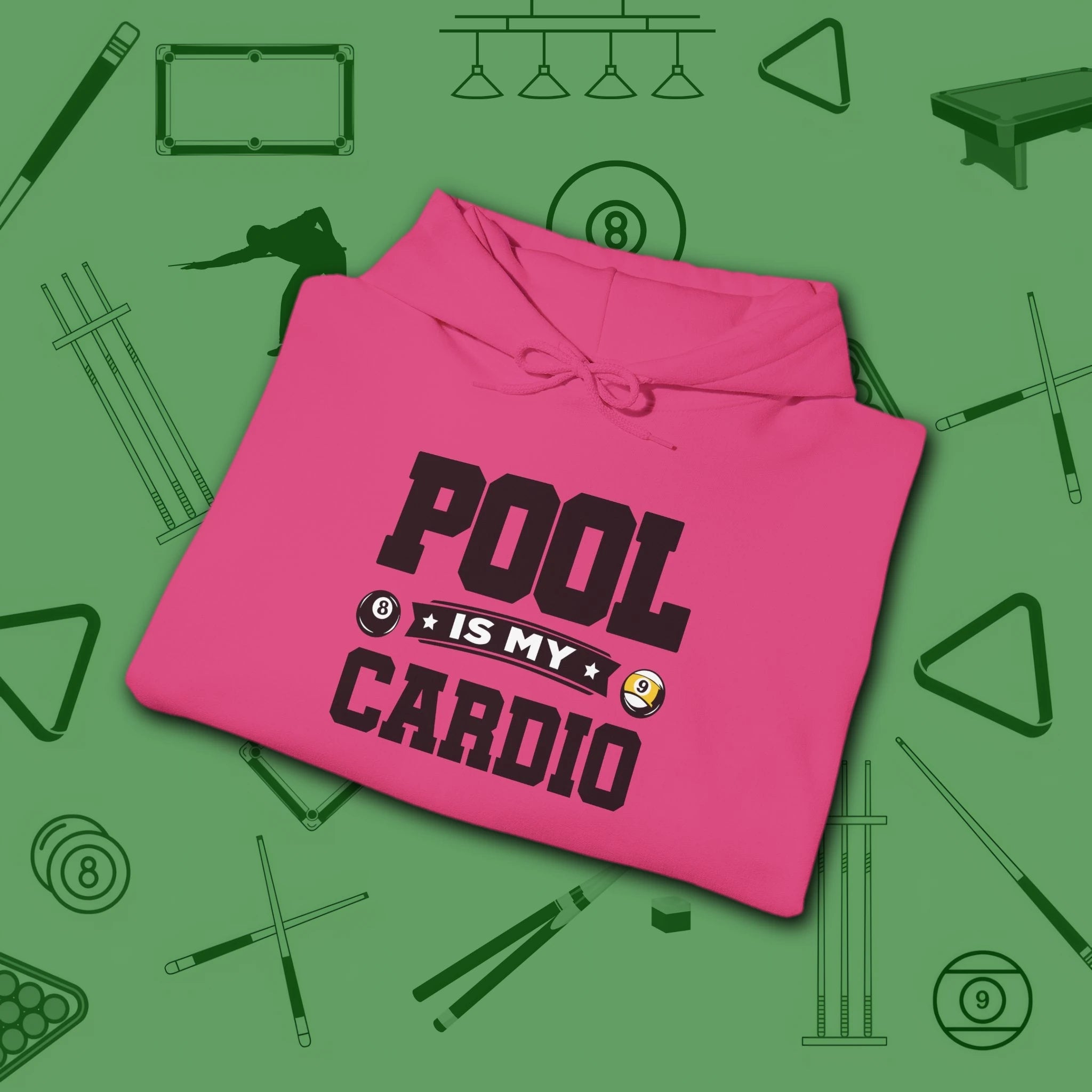 Pool Is My Cardio Hoodie, in Heliconia color, billiards hoodie, folded view