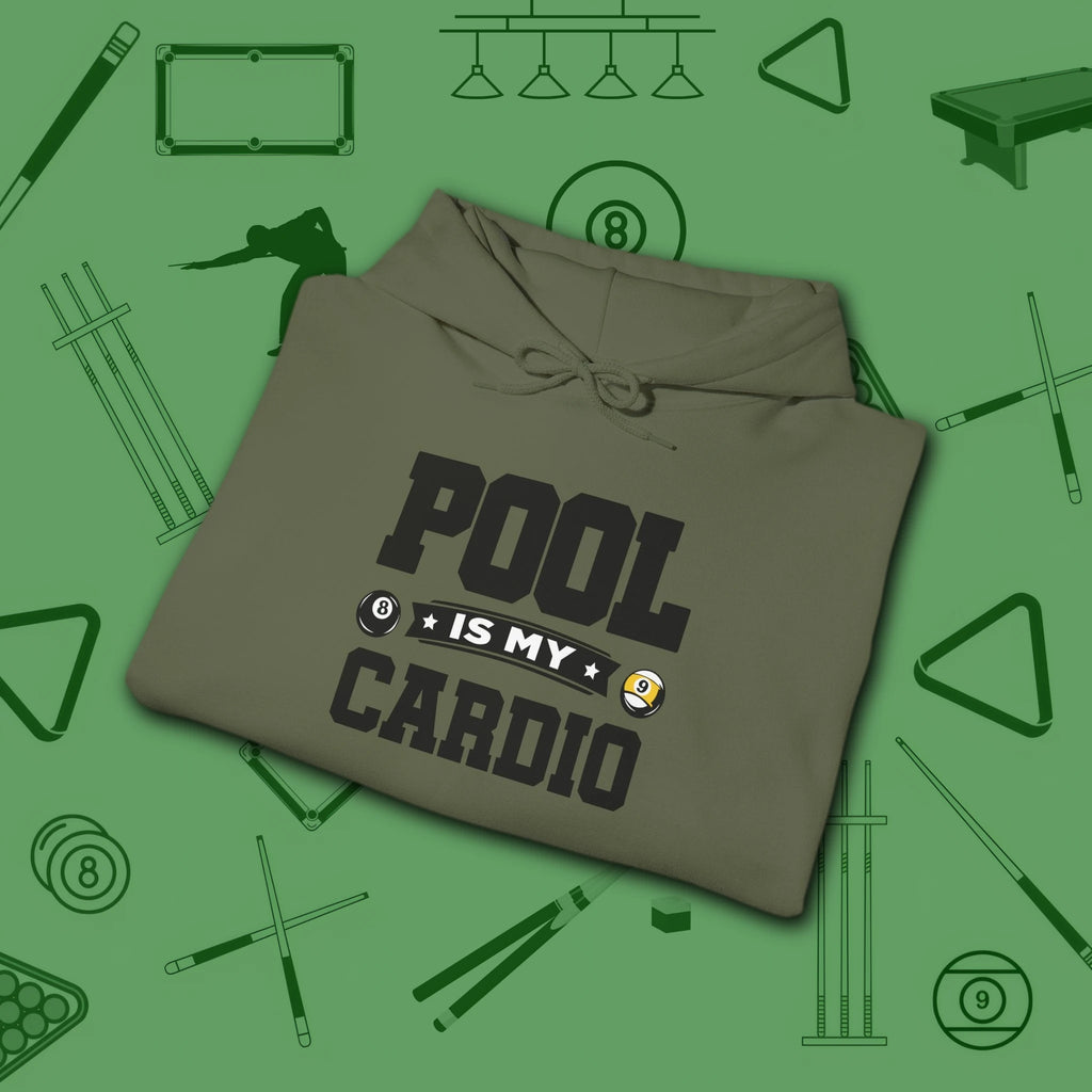 Pool Is My Cardio Hoodie, in Military Green color, billiards hoodie, folded view