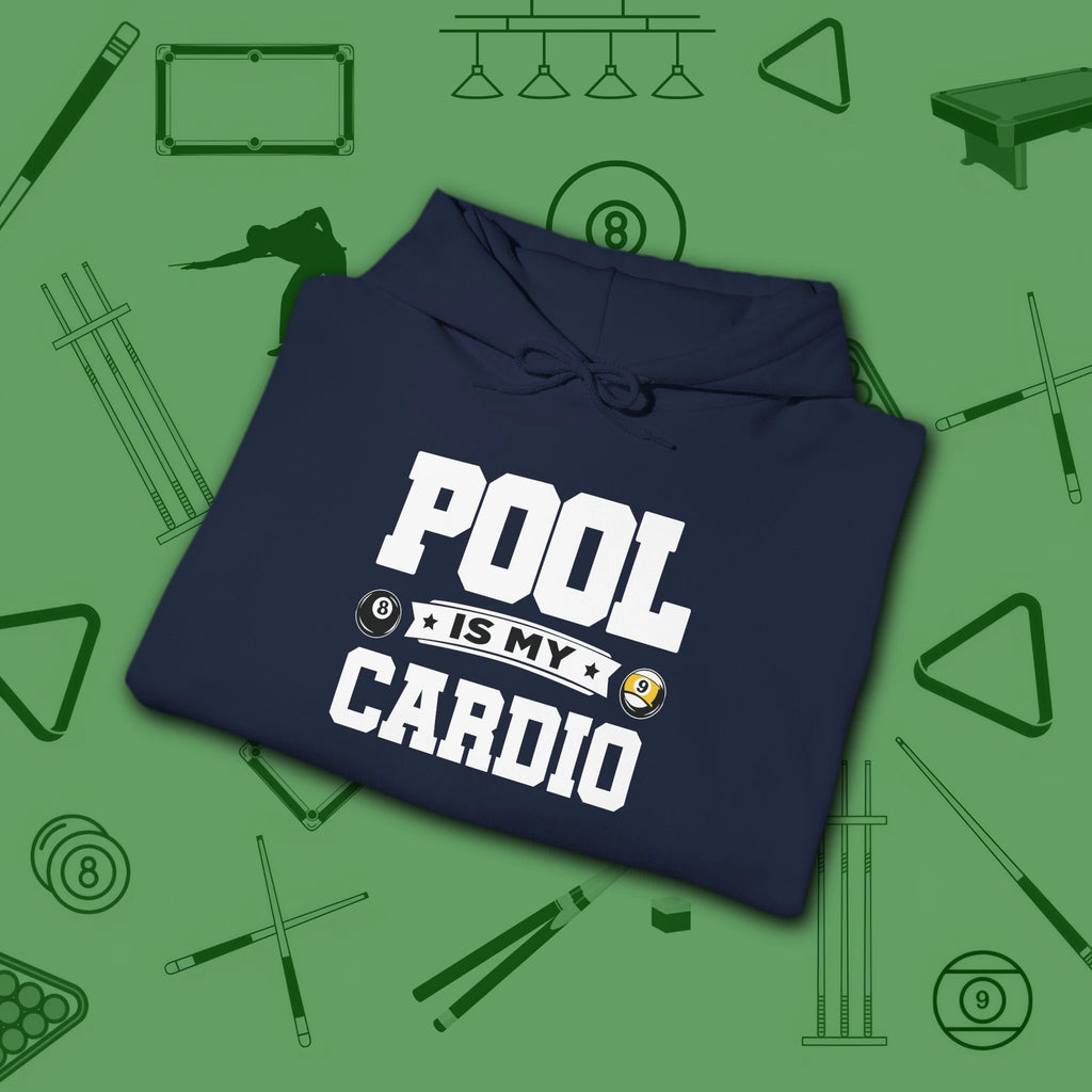 Pool Is My Cardio Hoodie, in Navy color, billiards hoodie, folded view