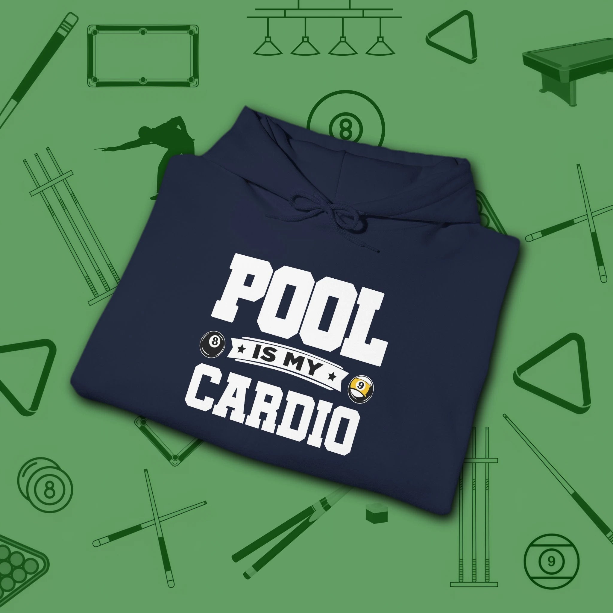 Pool Is My Cardio Hoodie, in Navy color, billiards hoodie, folded view