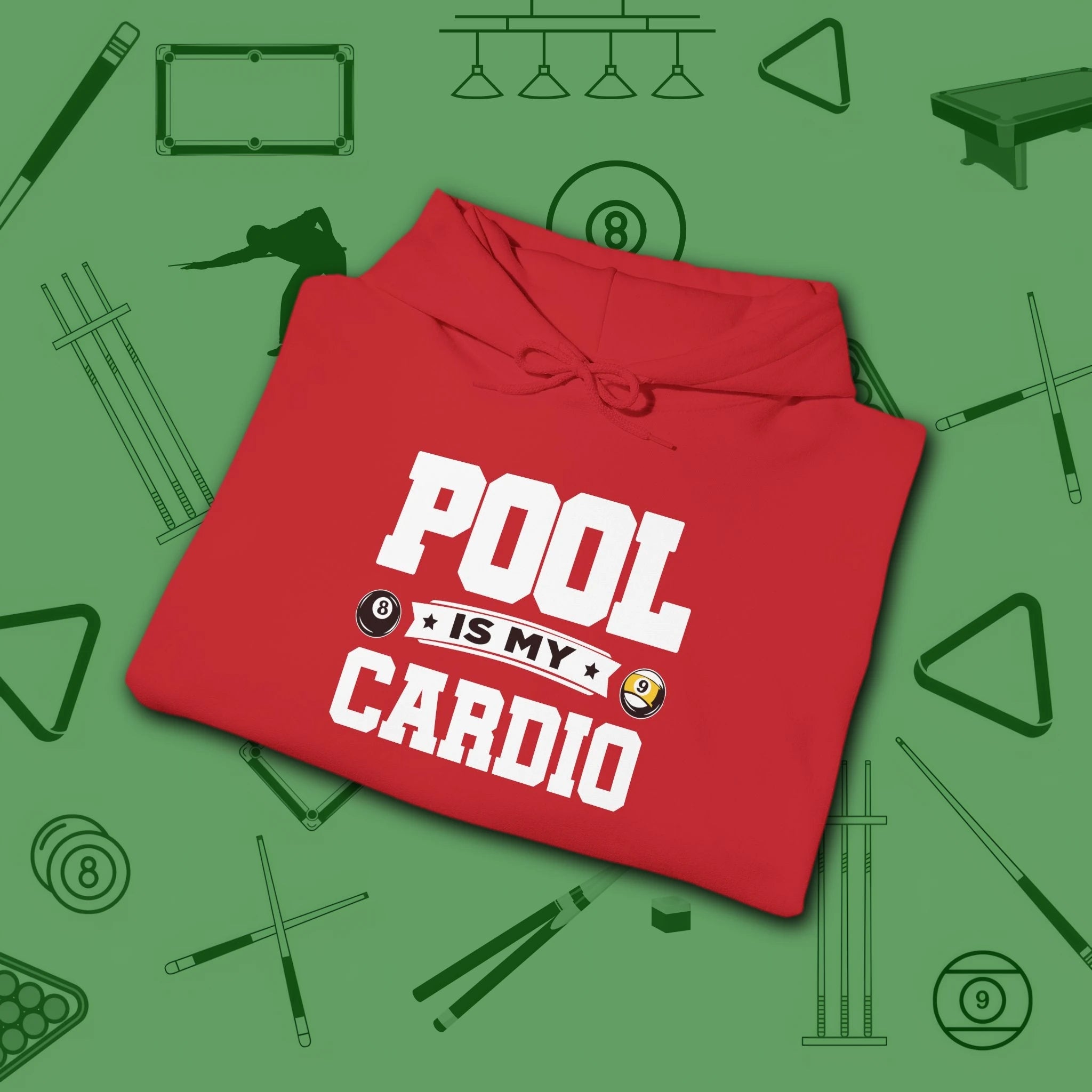 Pool Is My Cardio Hoodie, in Red color, billiards hoodie, folded view