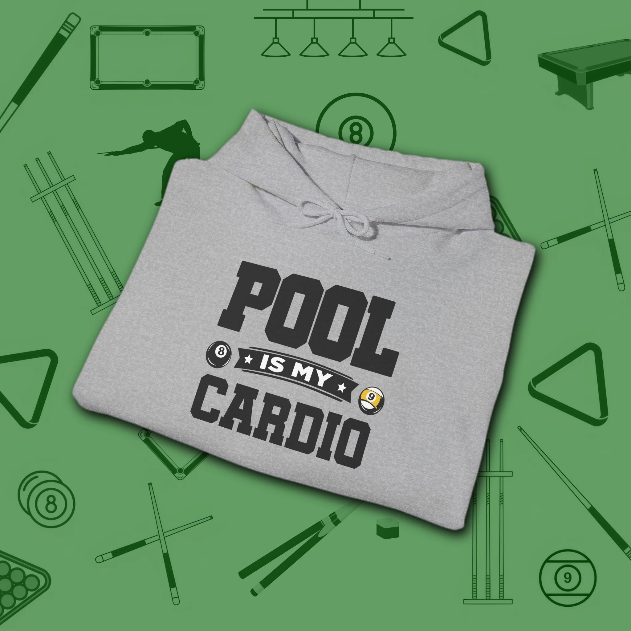 Pool Is My Cardio Hoodie, in Sport Grey color, billiards hoodie, folded view