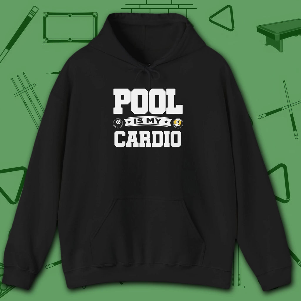 Pool Is My Cardio Hoodie, in Black color, billiards hoodie, front view