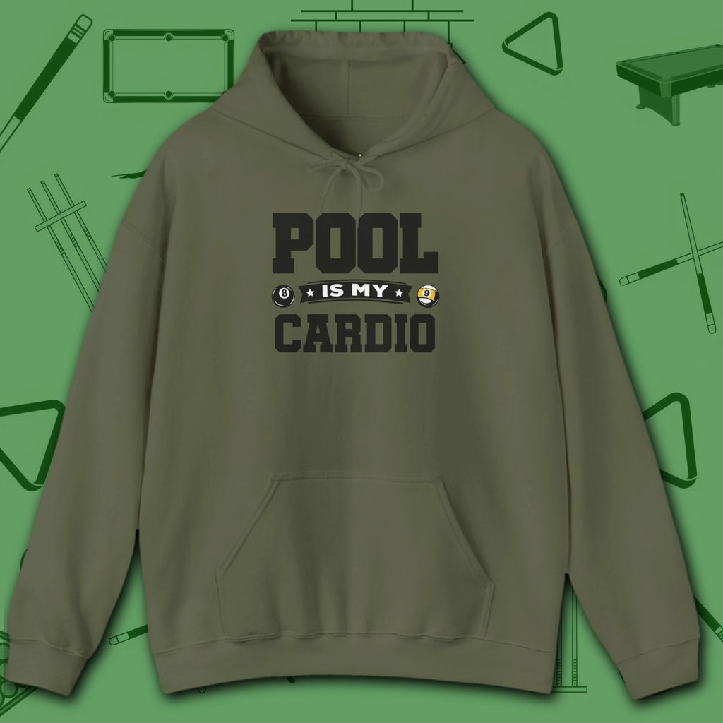 Pool Is My Cardio Hoodie, in Military Green color, billiards hoodie, front view