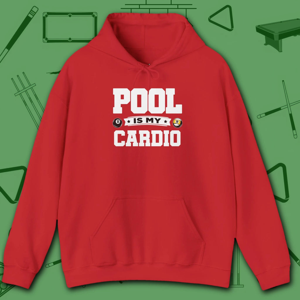 Pool Is My Cardio Hoodie, in Red color, billiards hoodie, front view