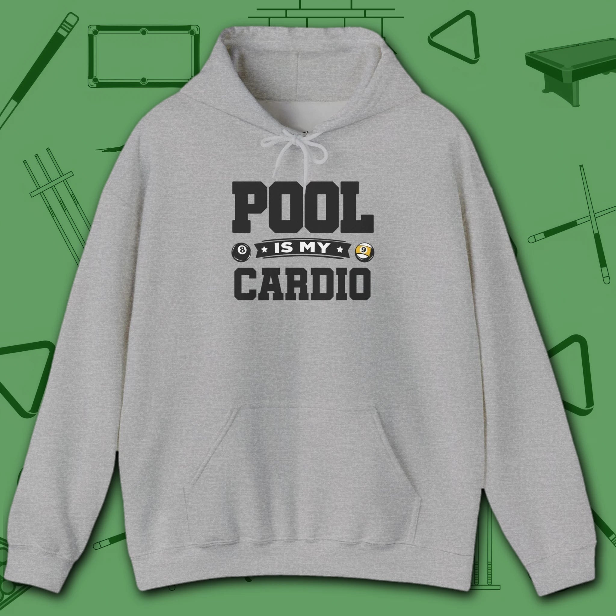 Pool Is My Cardio Hoodie, in Sport Grey color, billiards hoodie, front view