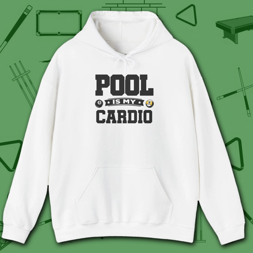 Pool Is My Cardio Hoodie, in White color, billiards hoodie, front view