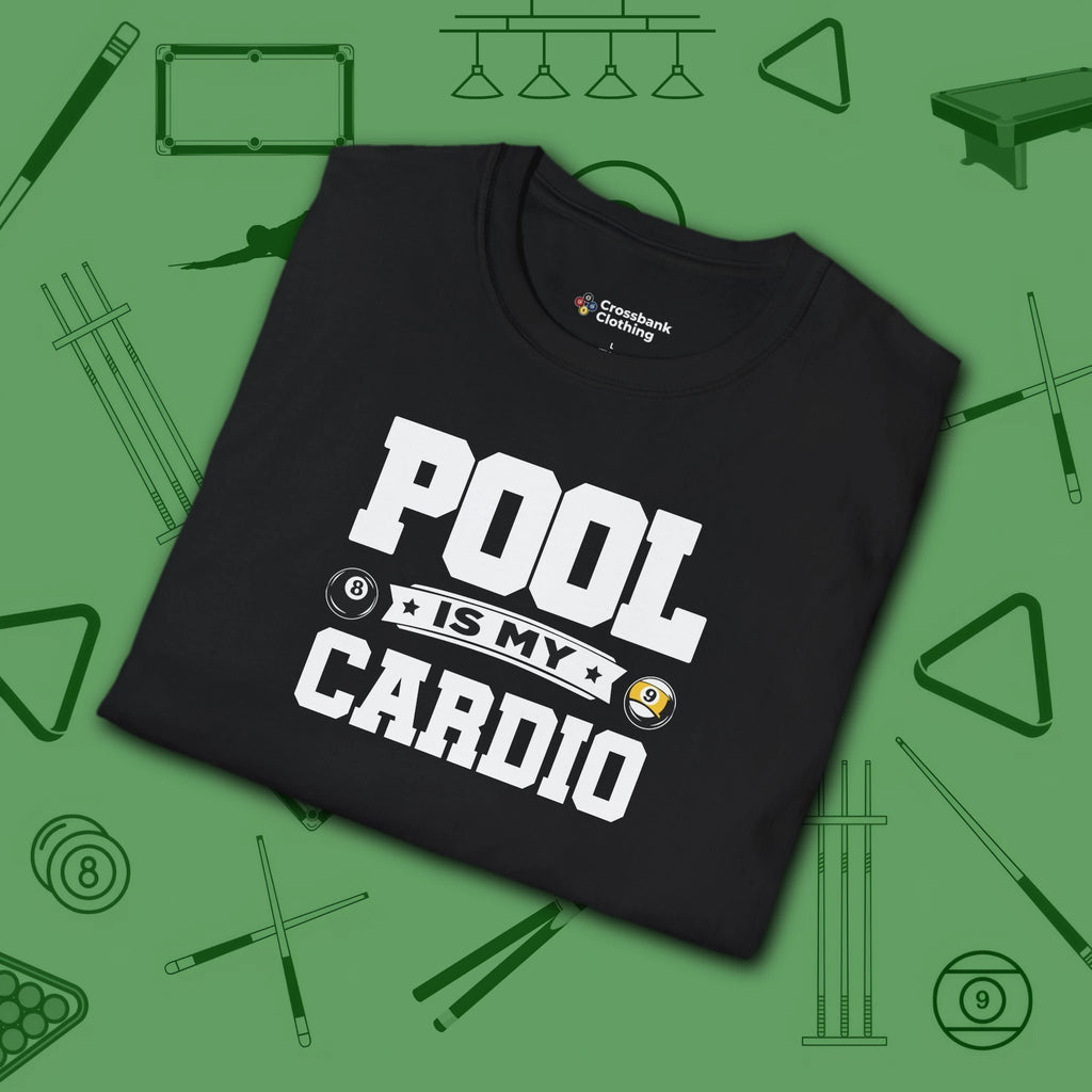 Pool is My Cardio T-Shirt, in Black color, billiards shirt, folded view
