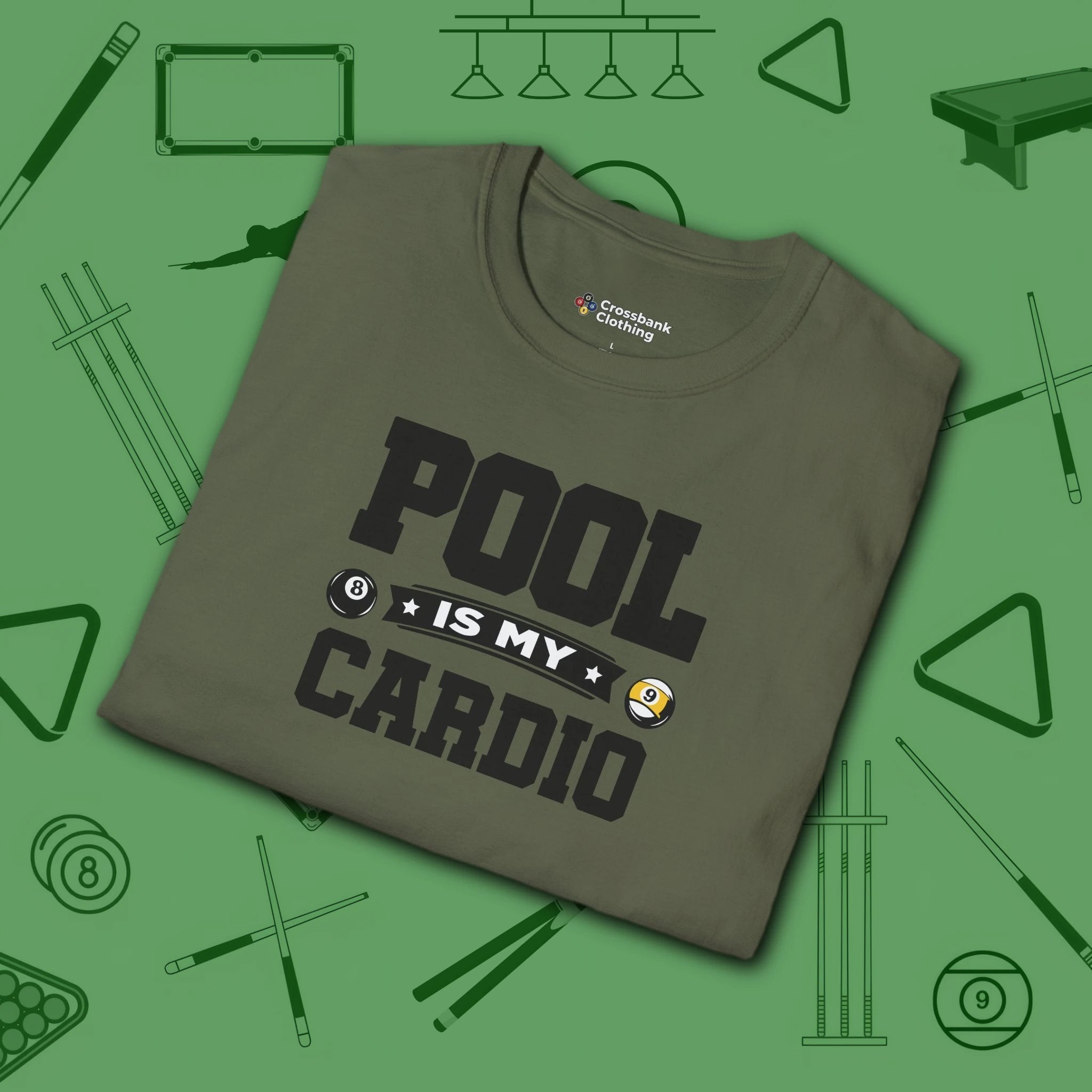 Pool is My Cardio T-Shirt, in Military Green color, billiards shirt, folded view
