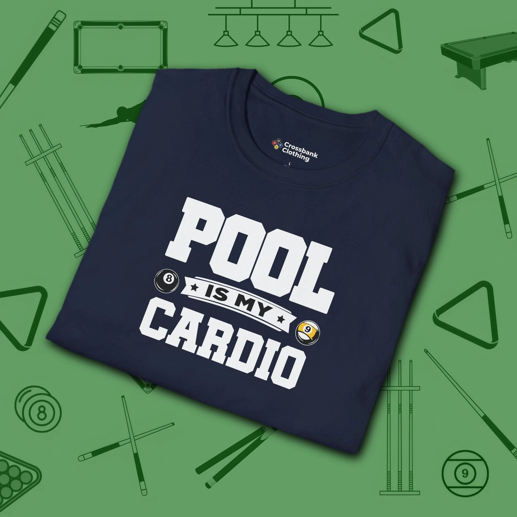Pool is My Cardio T-Shirt, in Navy color, billiards shirt, folded view