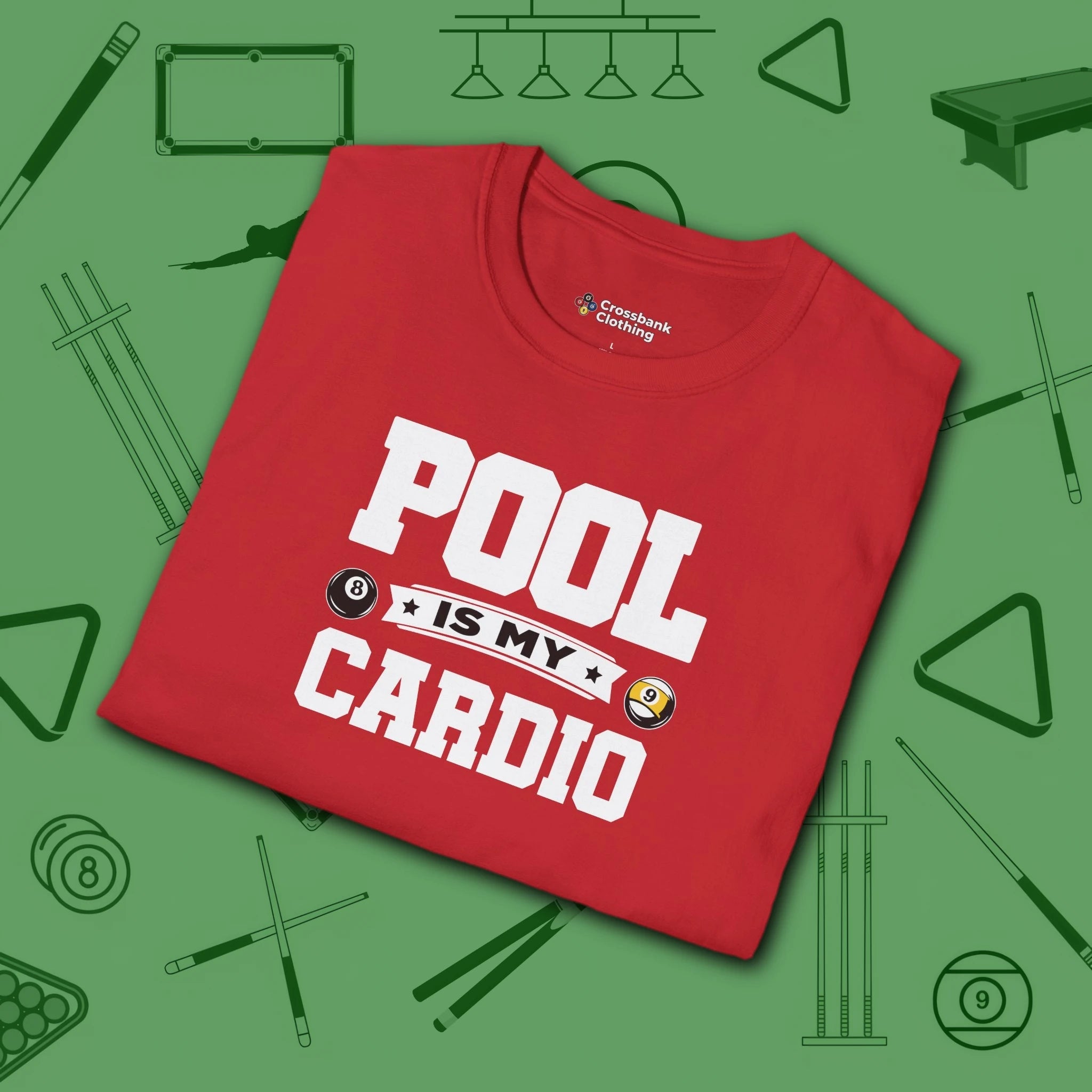 Pool is My Cardio T-Shirt, in Red color, billiards shirt, folded view