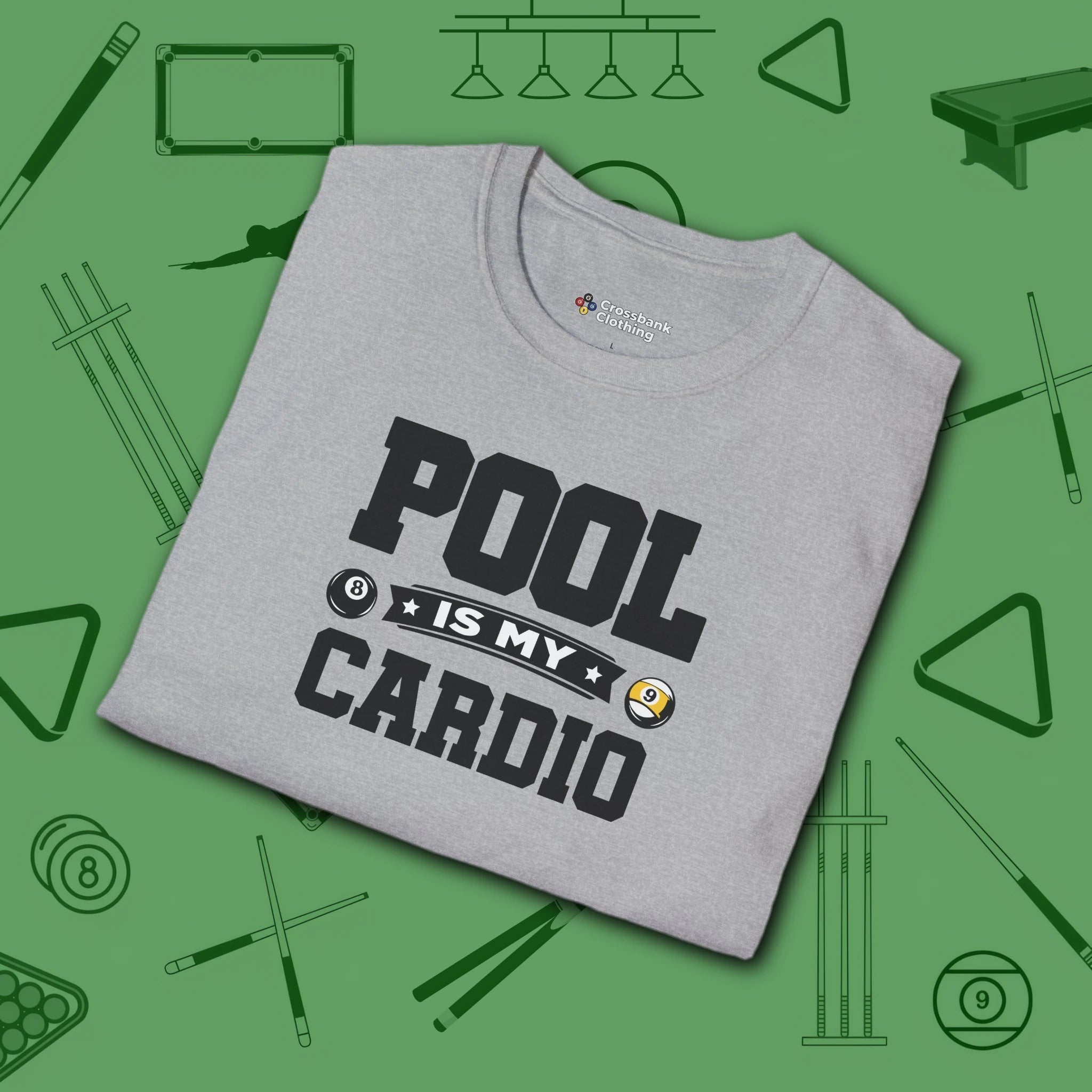 Pool is My Cardio T-Shirt, in Sport Grey color, billiards shirt, folded view