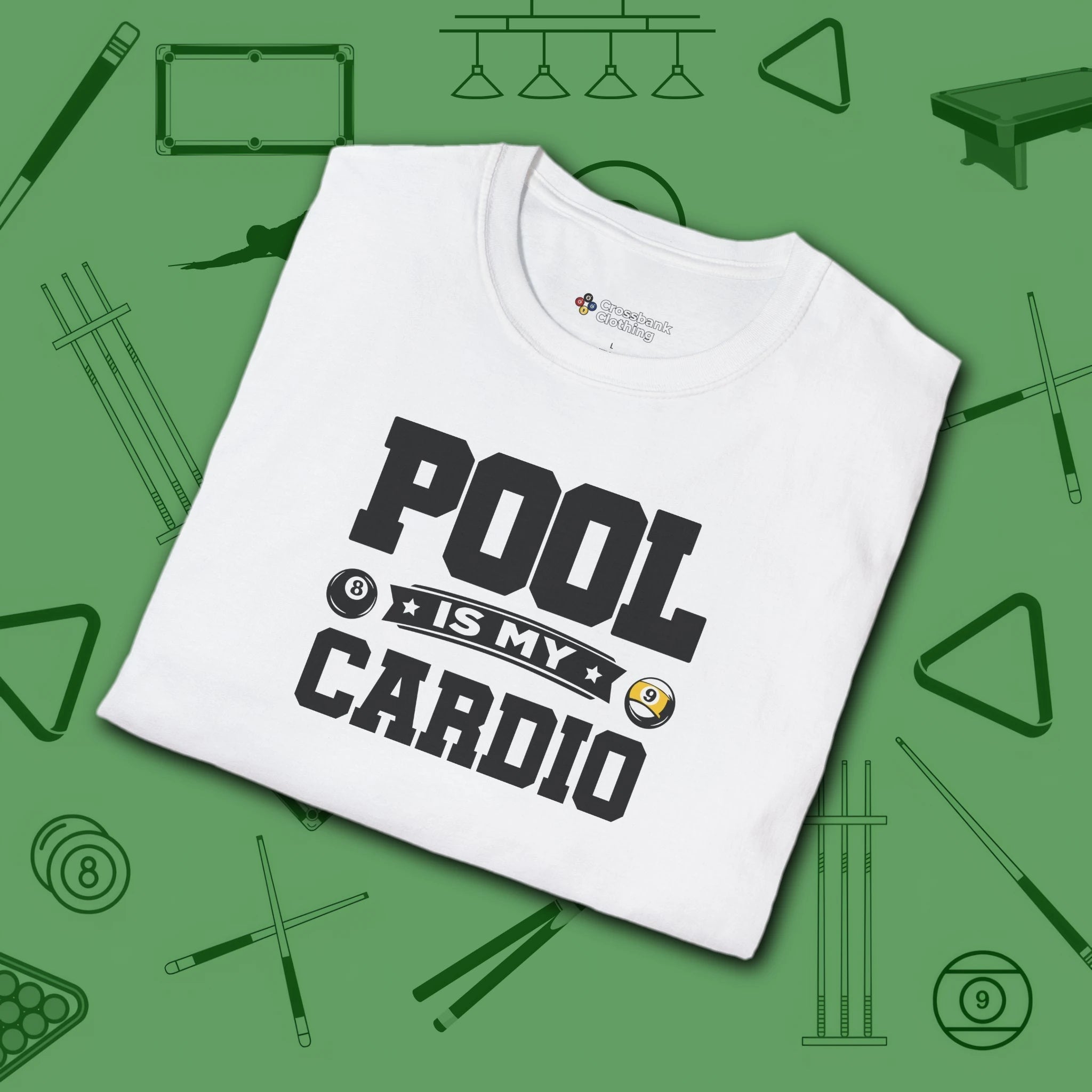 Pool is My Cardio T-Shirt, in White color, billiards shirt, folded view