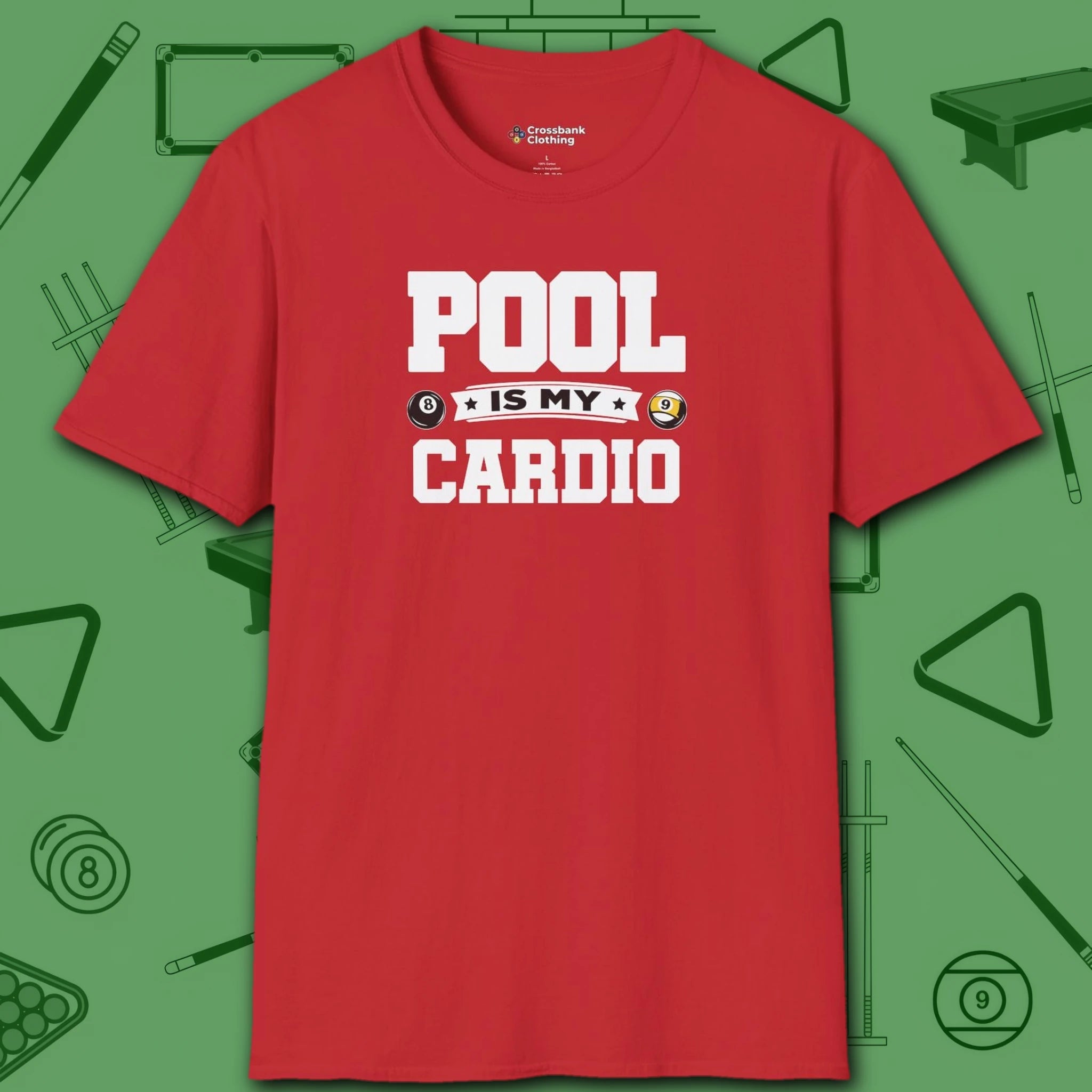 Pool is My Cardio T-Shirt, in Red color, billiards shirt, front view