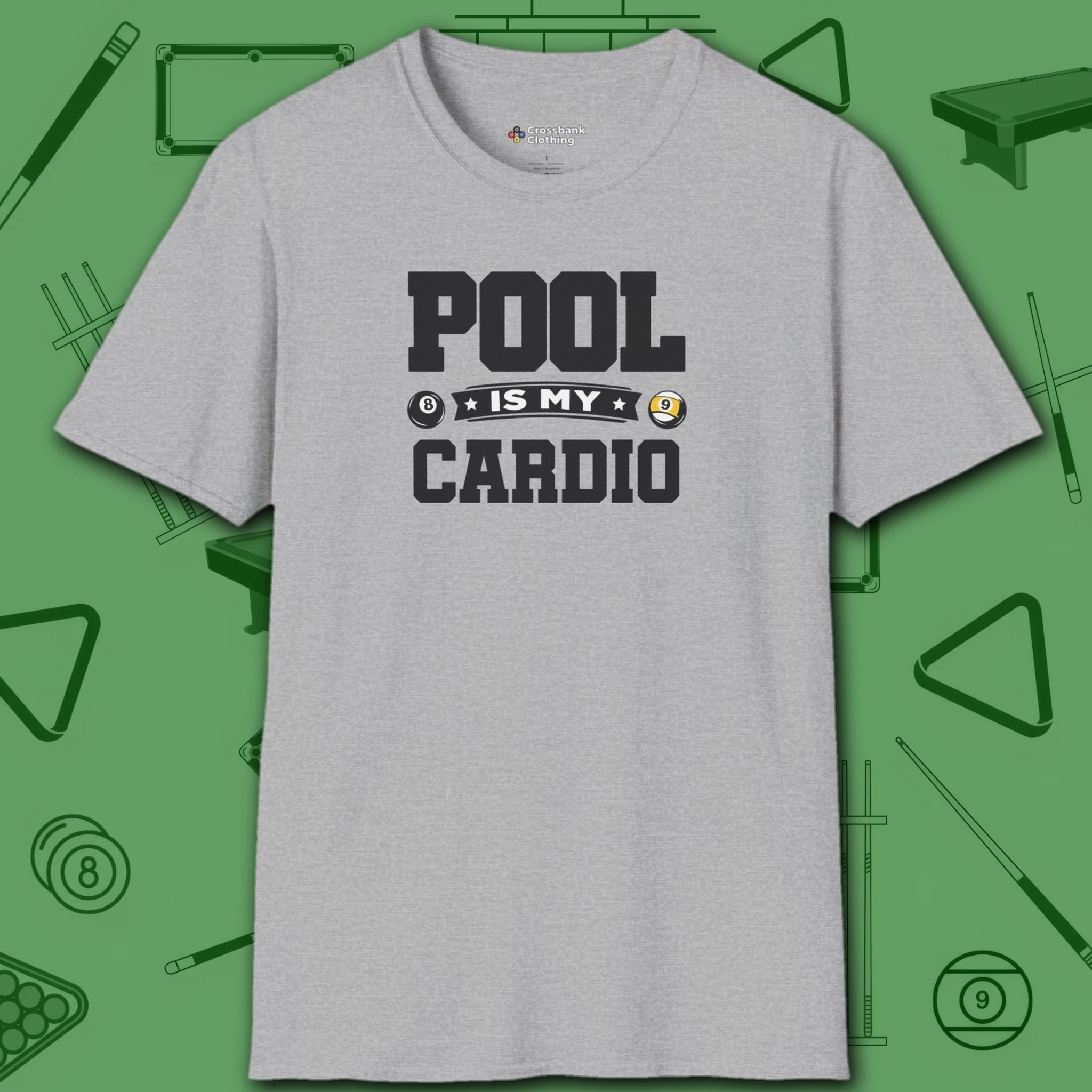 Pool is My Cardio T-Shirt, in Sport Grey color, billiards shirt, front view