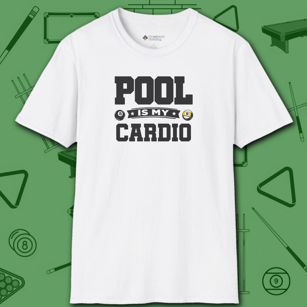 Pool is My Cardio T-Shirt, in White color, billiards shirt, front view