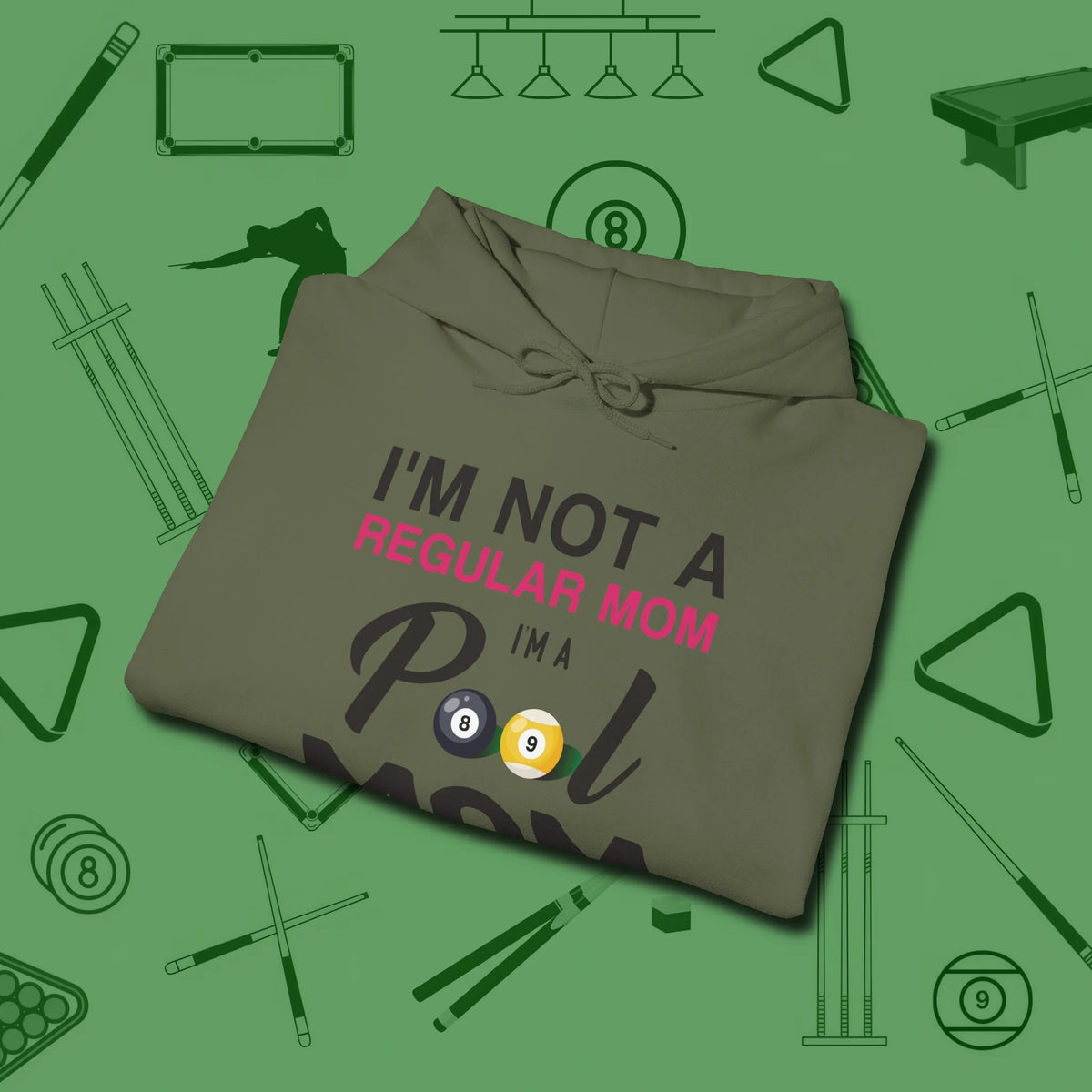 Mom Hoodie, folded view, in Military Green your secret weapon off the table