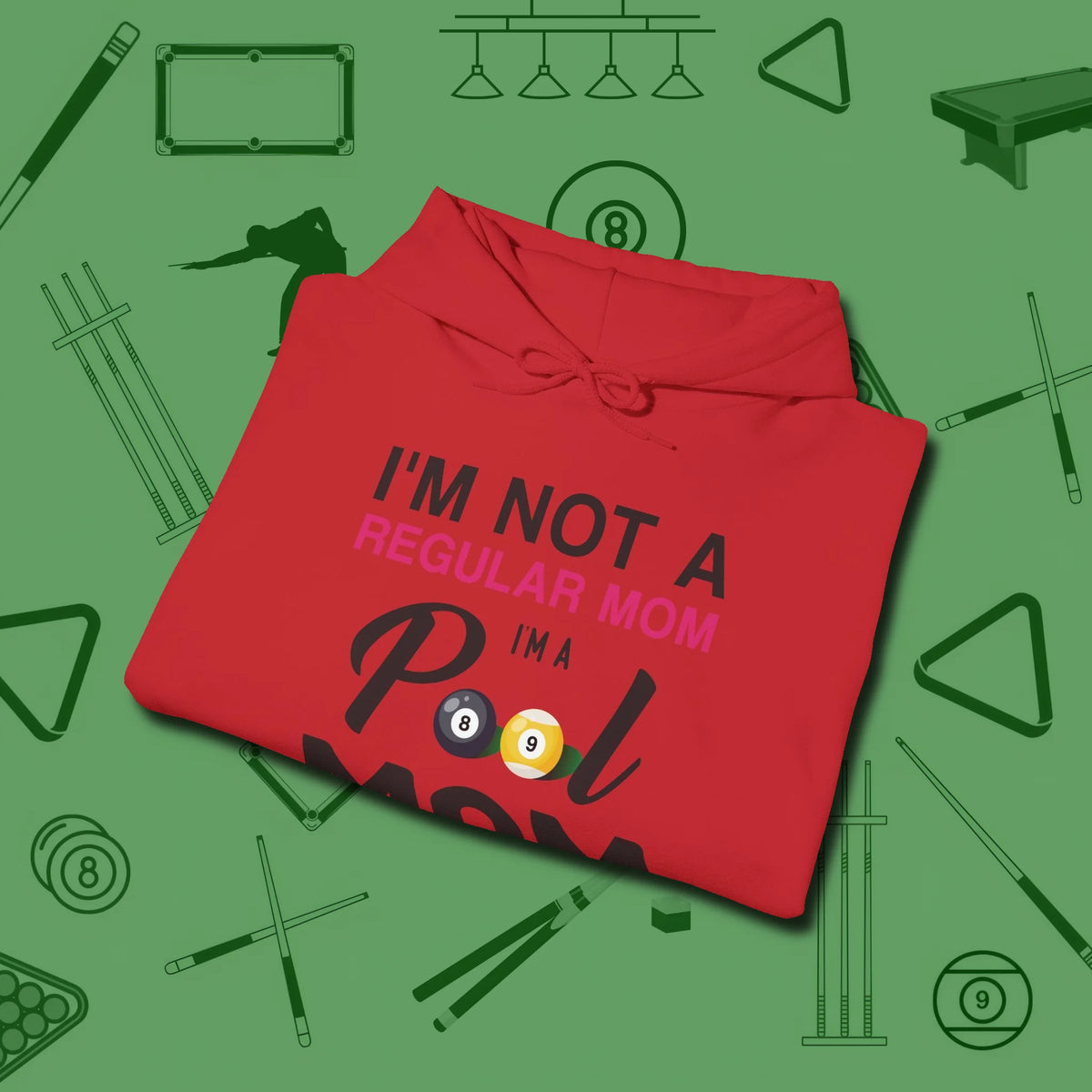 Mom Hoodie, folded view, in Red cool enough for a corner pocket finish