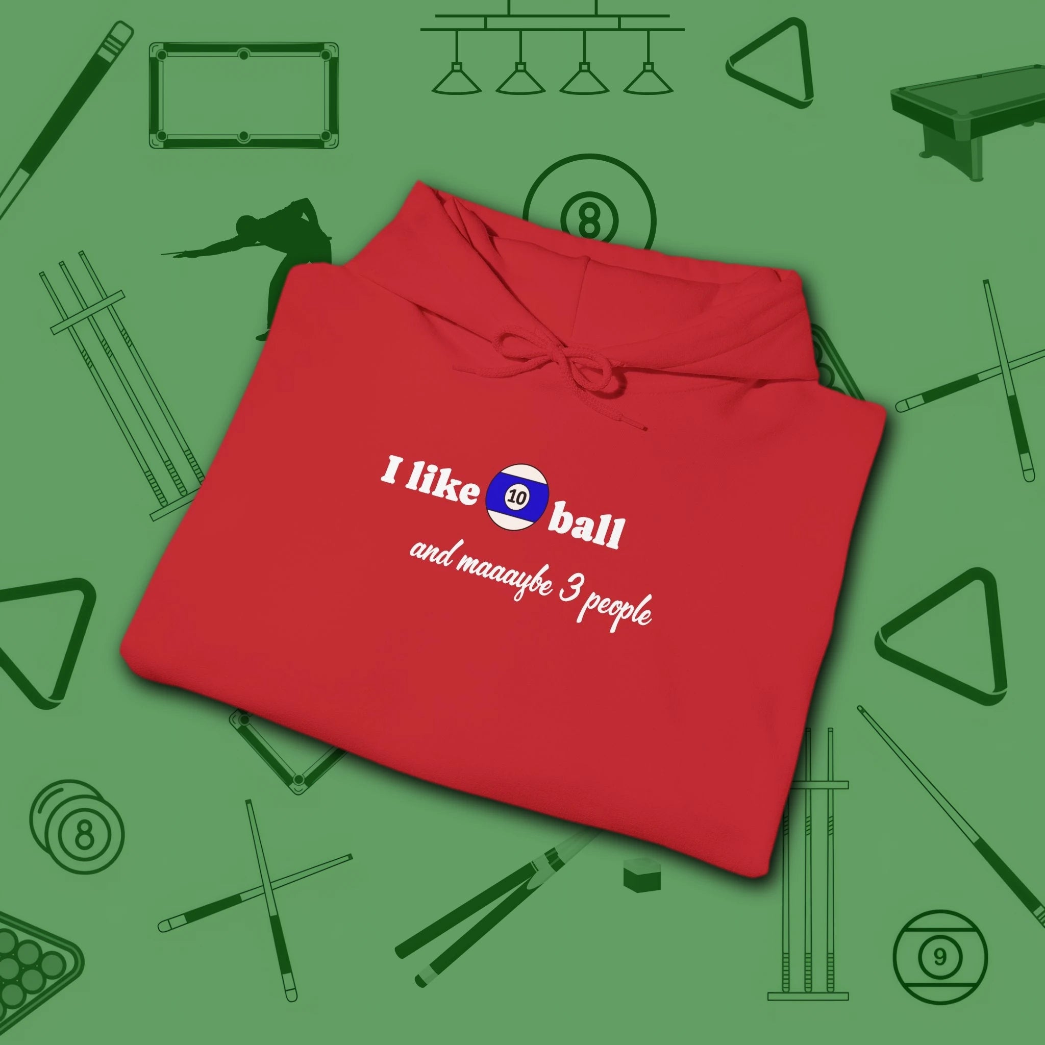 Pool Over People Hoodie, in Red color, billiards shirt, folded view