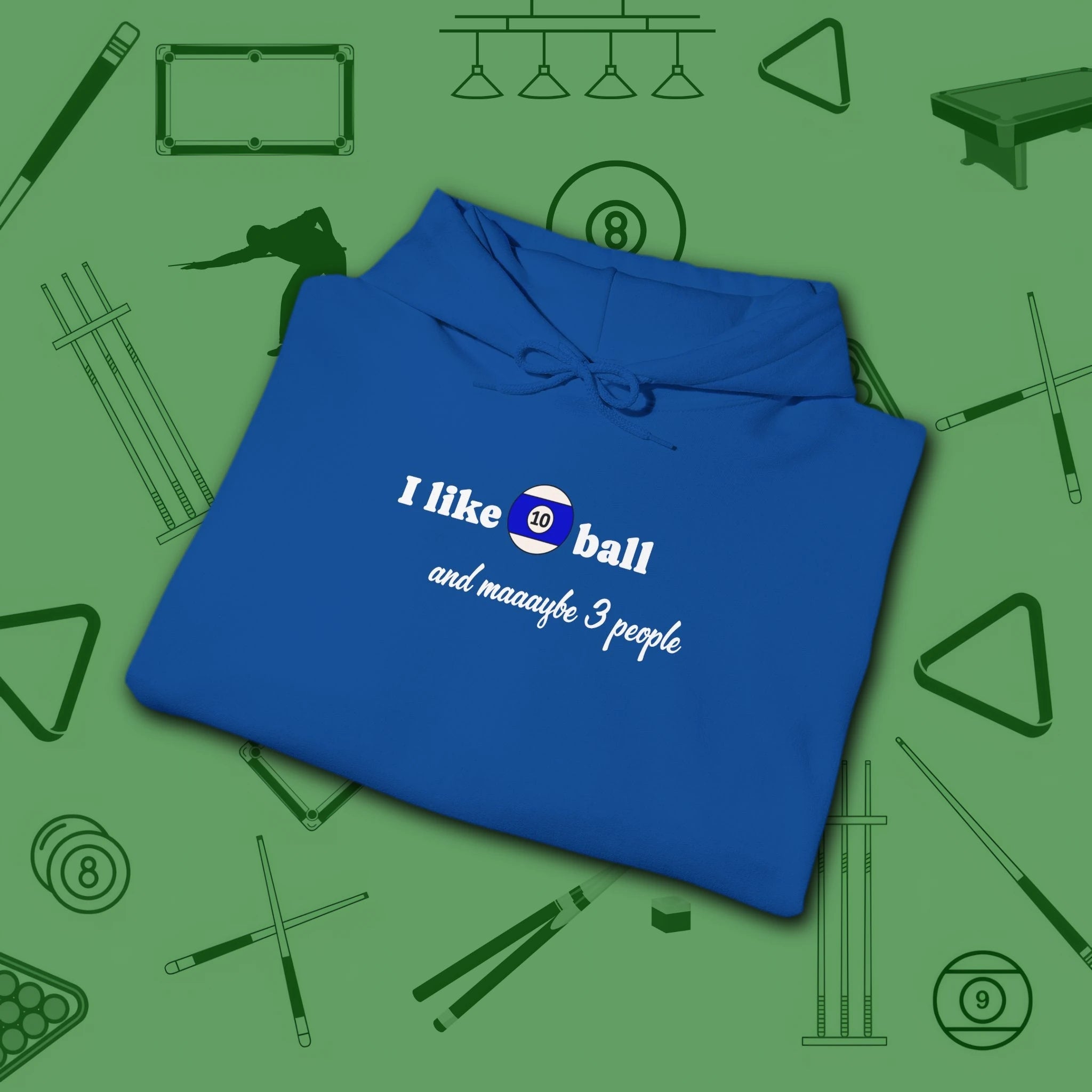 Pool Over People Hoodie, in Royal color, billiards shirt, folded view