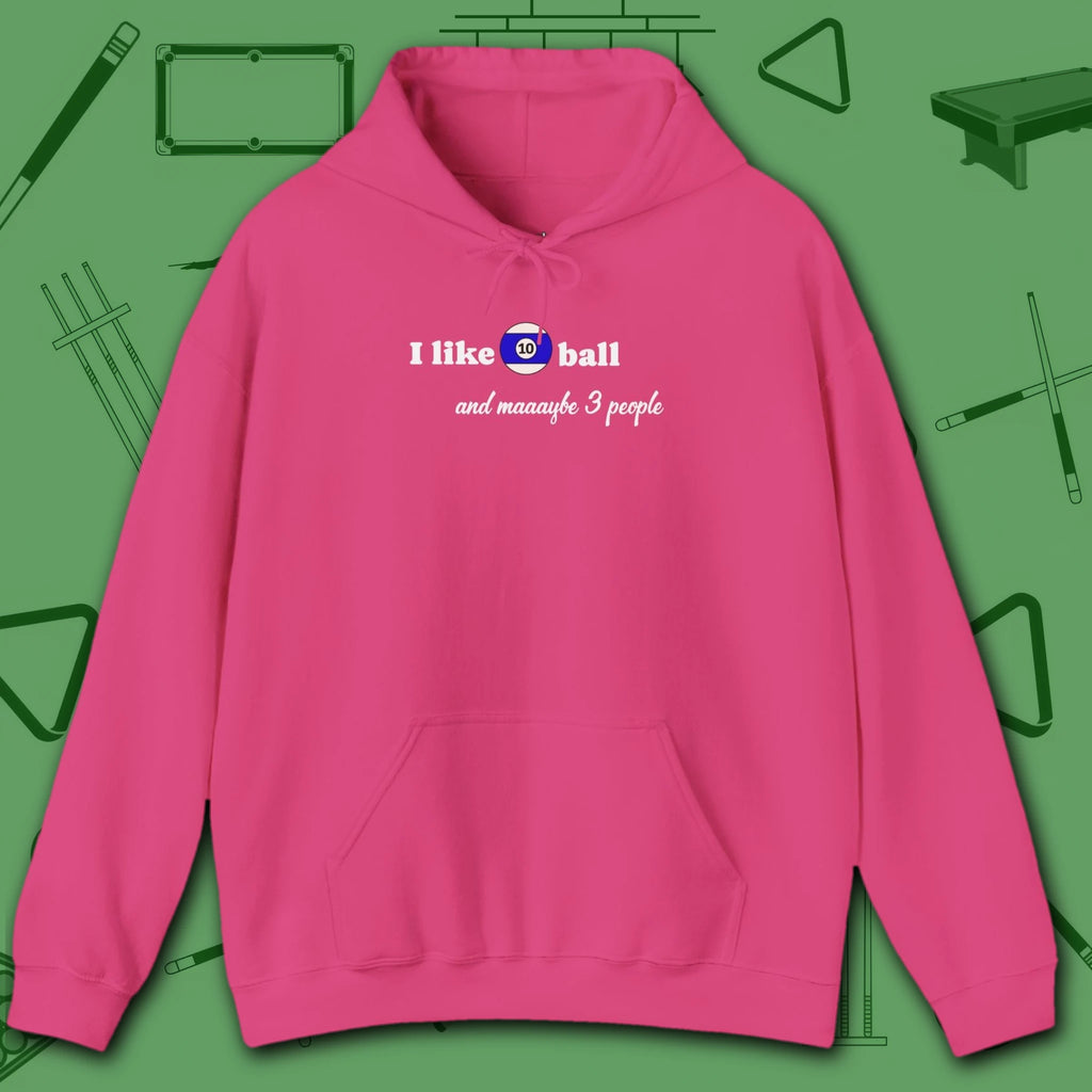 Pool Over People Hoodie, in Heliconia color, billiards shirt, front view