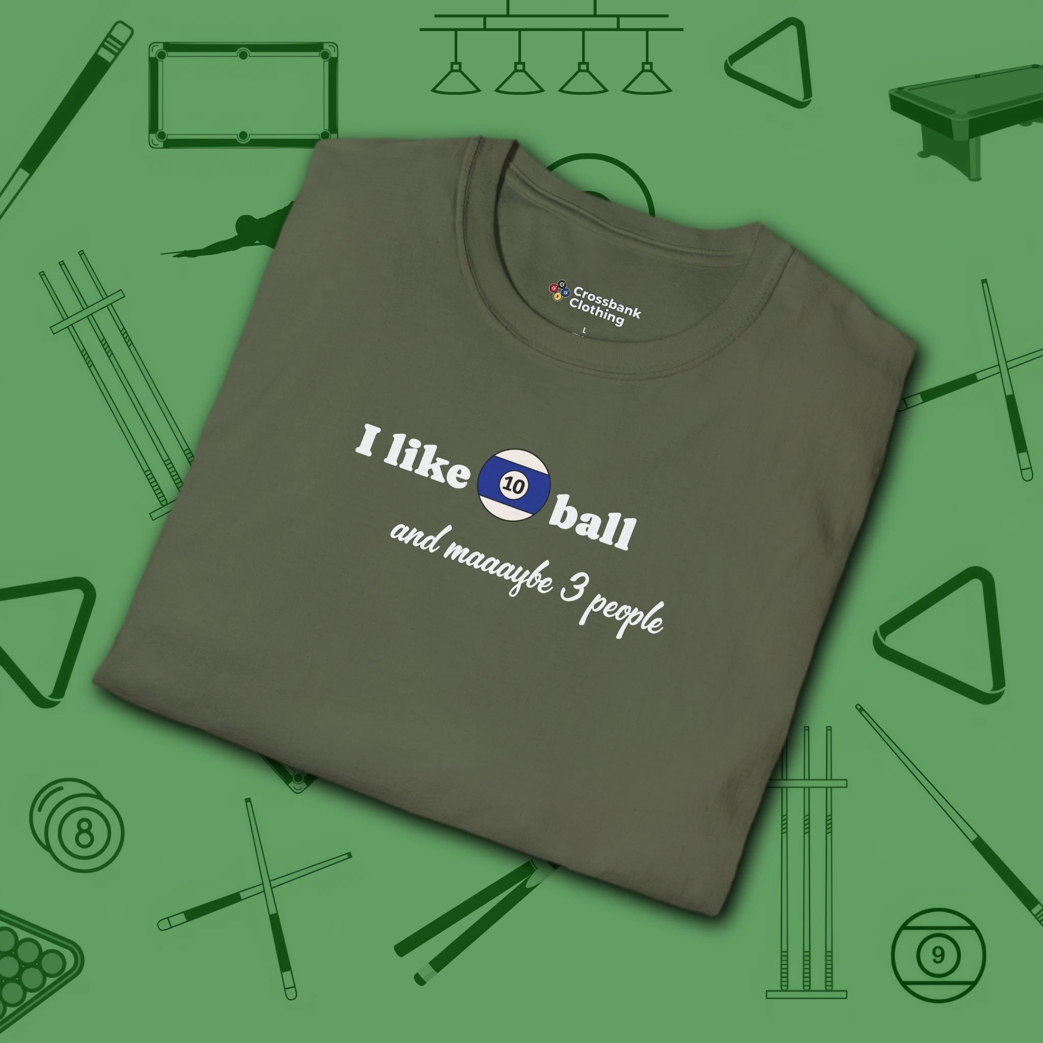 Pool Over People T-Shirt, in Military Green color, billiards shirt, folded view