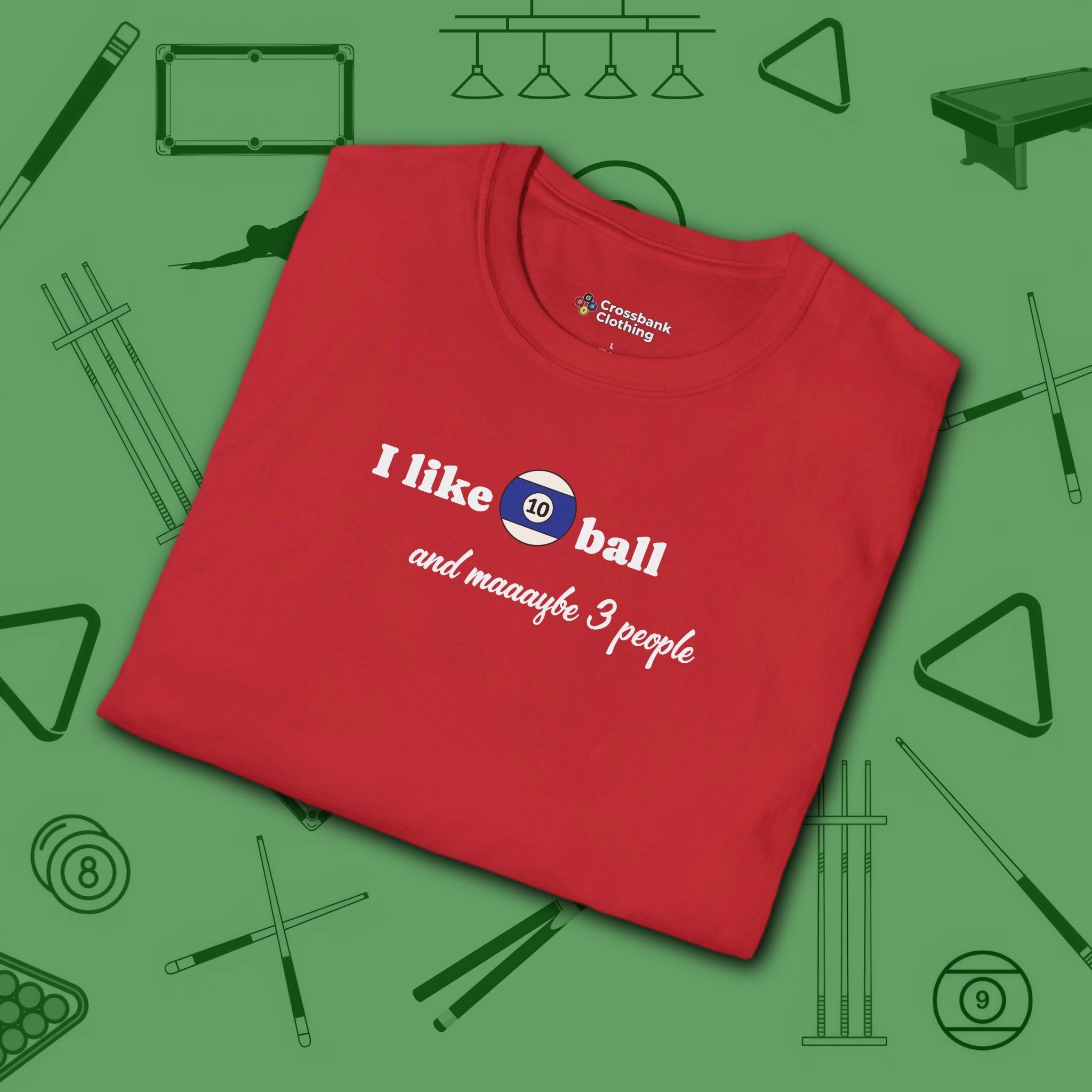 Pool Over People T-Shirt, in Red color, billiards shirt, folded view