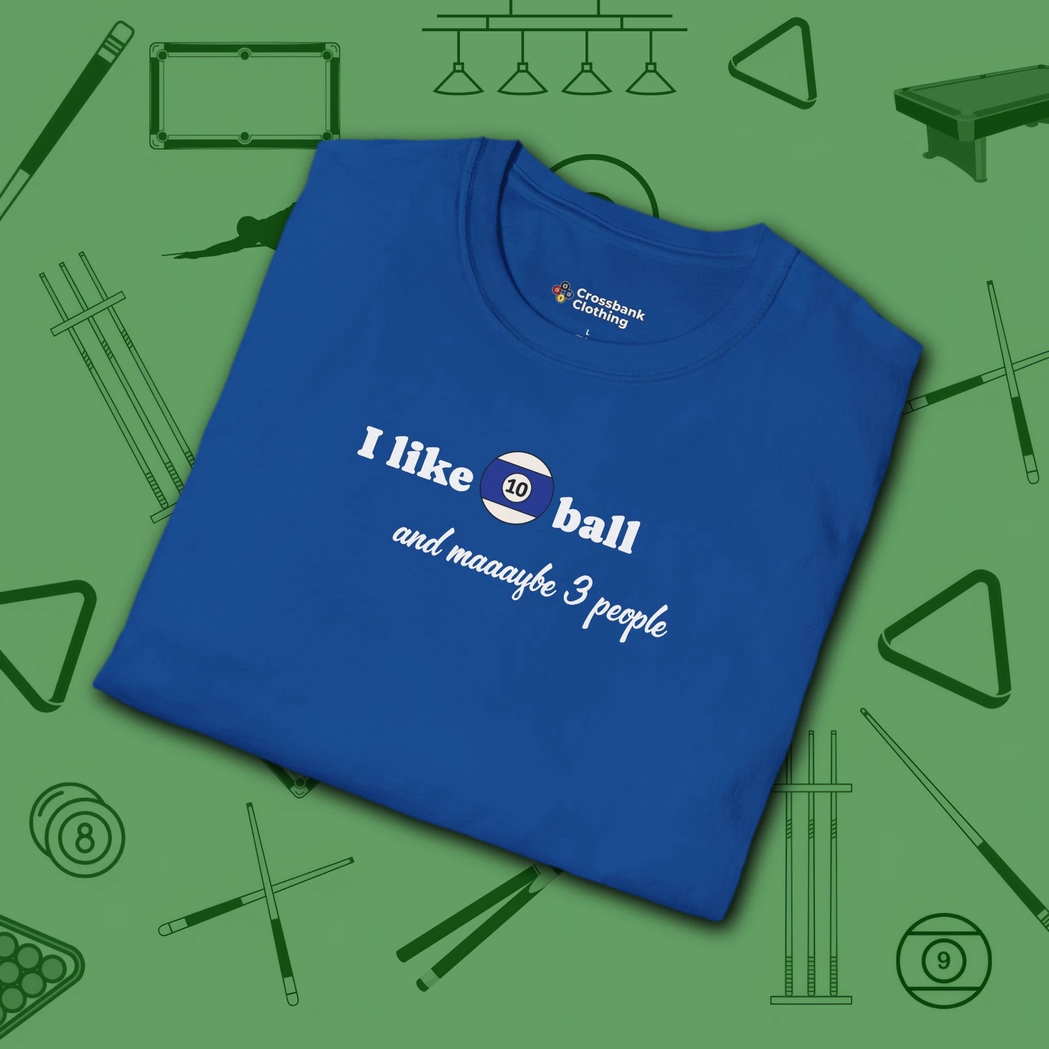 Pool Over People T-Shirt, in Royal color, billiards shirt, folded view