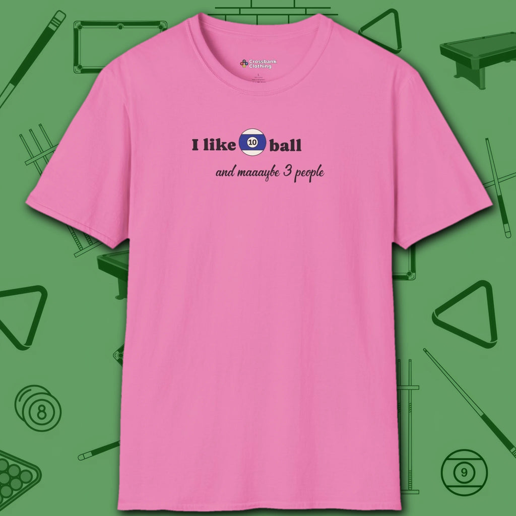 Pool Over People T-Shirt, in Azalea color, billiards shirt, front view