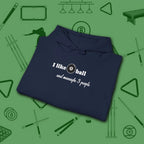 Pool Over People Hoodie, in Navy color, billiards shirt, folded view