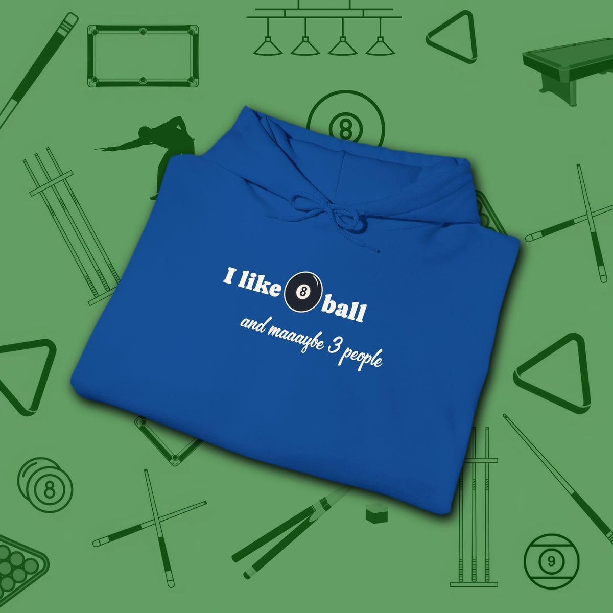 Pool Over People Hoodie, in Royal color, billiards shirt, folded view