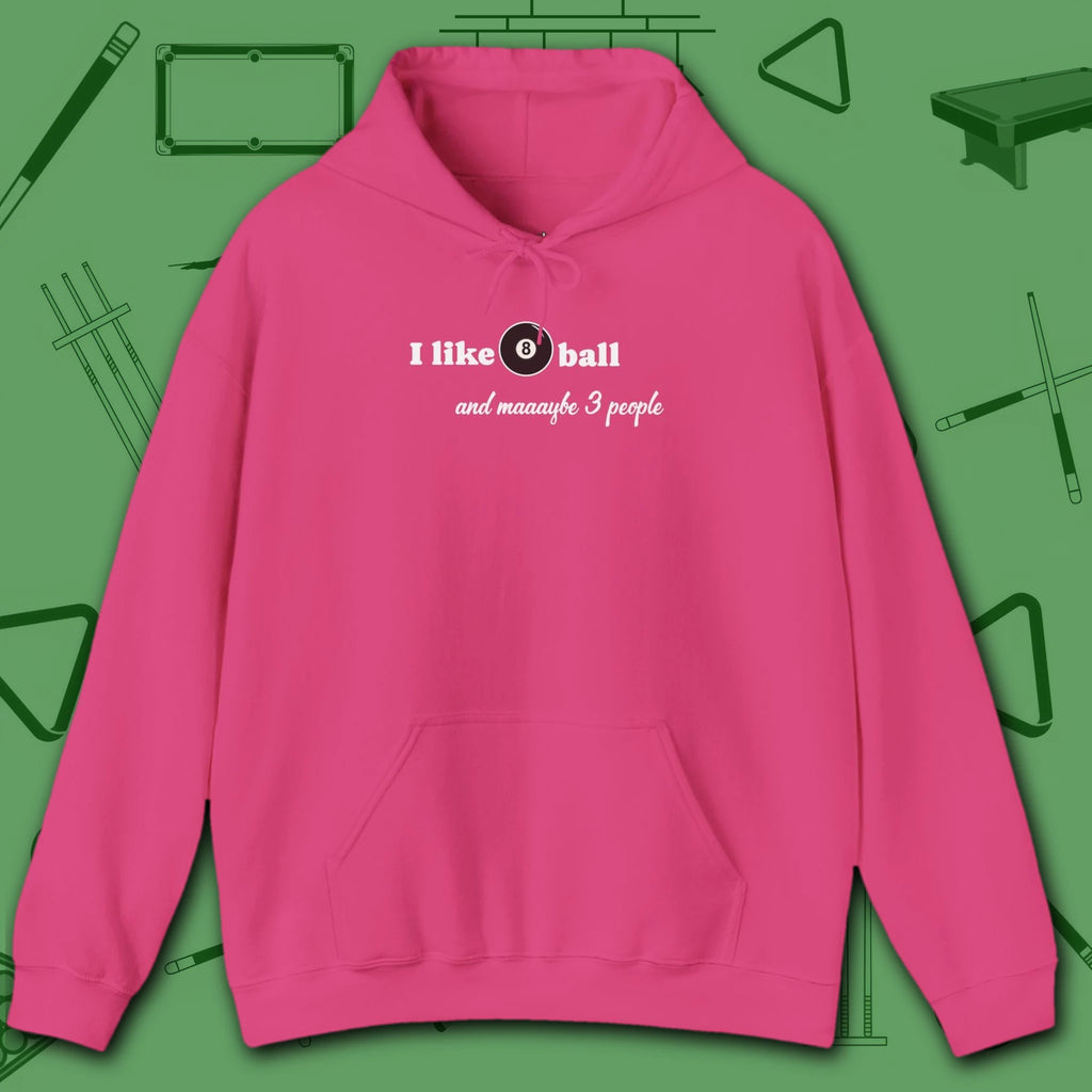 Pool Over People Hoodie, in Heliconia color, billiards shirt, front view