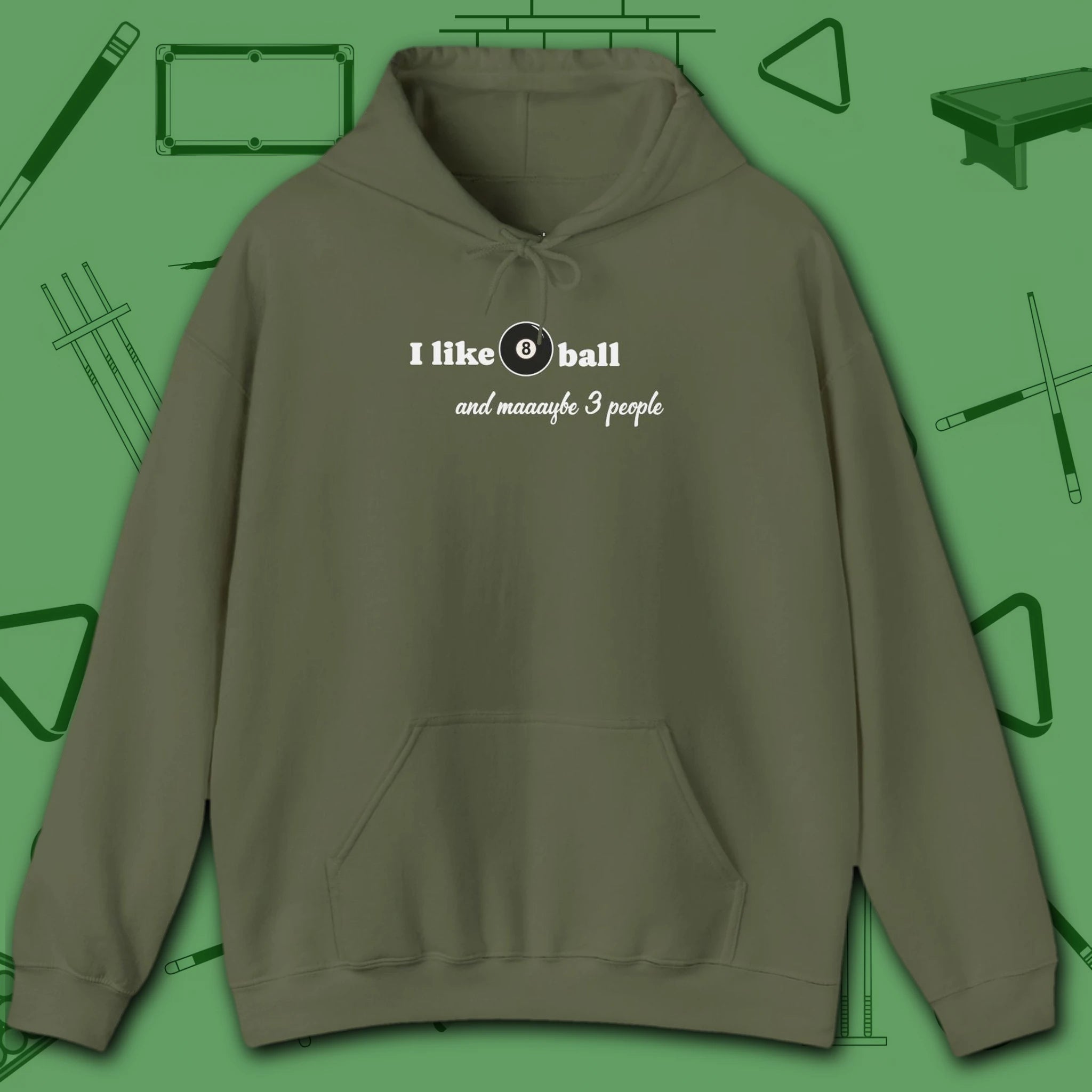 Pool Over People Hoodie, in Military Green color, billiards shirt, front view