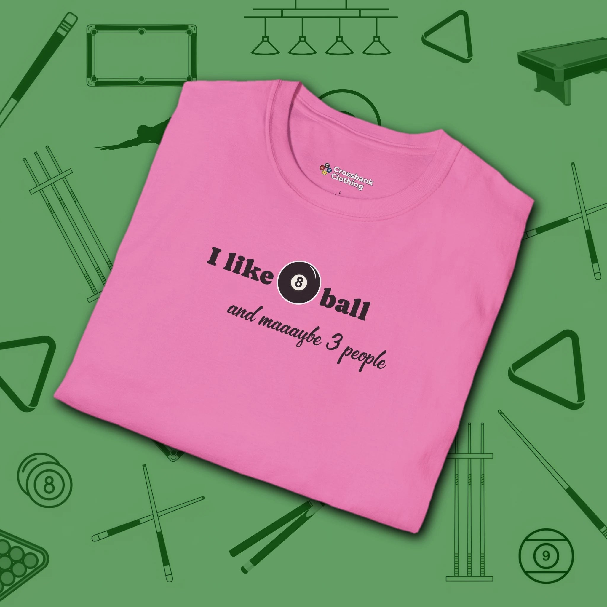 Pool Over People T-Shirt, in Azalea color, billiards shirt, folded view