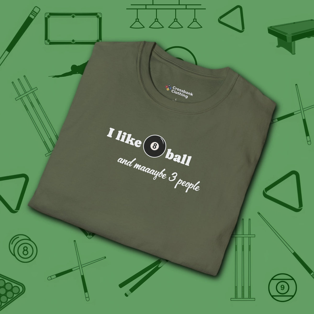Pool Over People T-Shirt, in Military Green color, billiards shirt, folded view