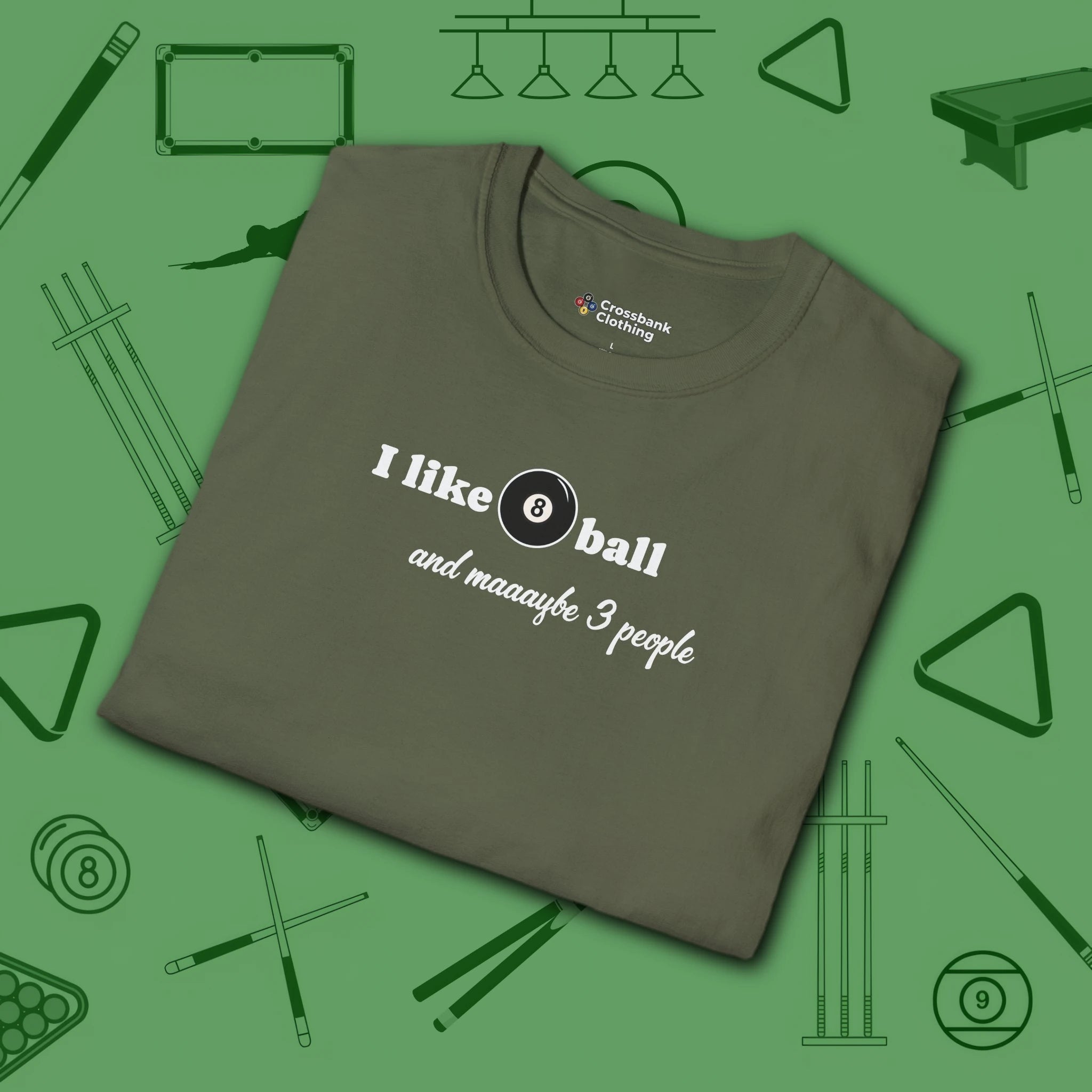 Pool Over People T-Shirt, in Military Green color, billiards shirt, folded view