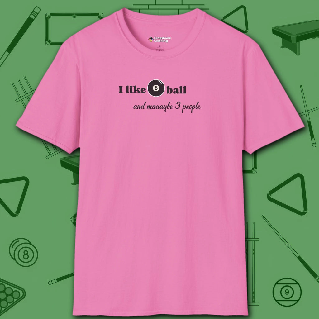 Pool Over People T-Shirt, in Azalea color, billiards shirt, front view