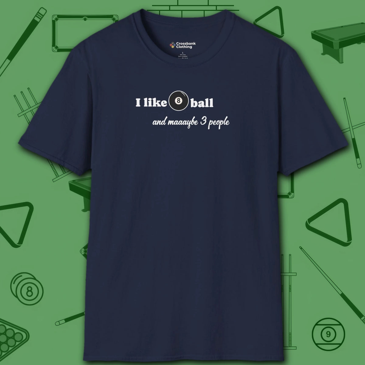Pool Over People T-Shirt, in Navy color, billiards shirt, front view