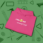 Pool Over People Hoodie, in Heliconia color, billiards shirt, folded view