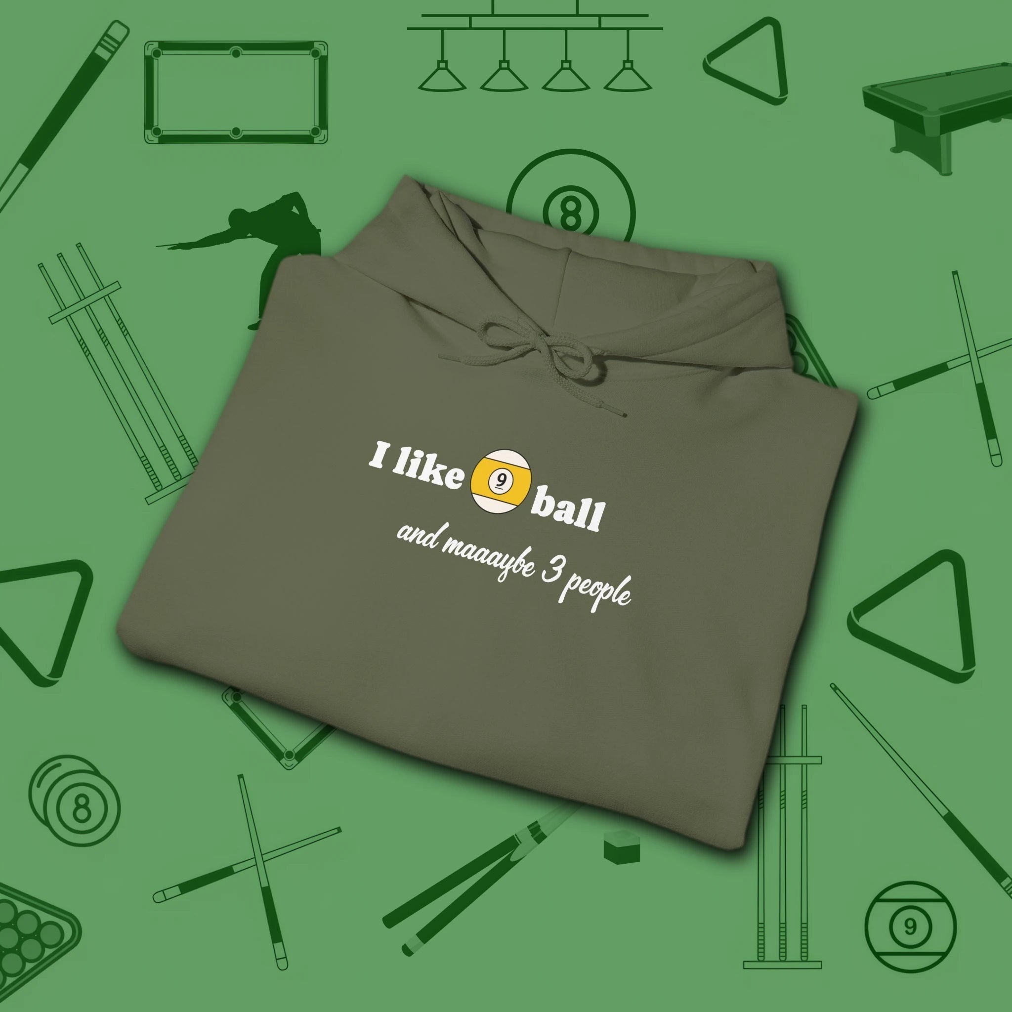Pool Over People Hoodie, in Military Green color, billiards shirt, folded view