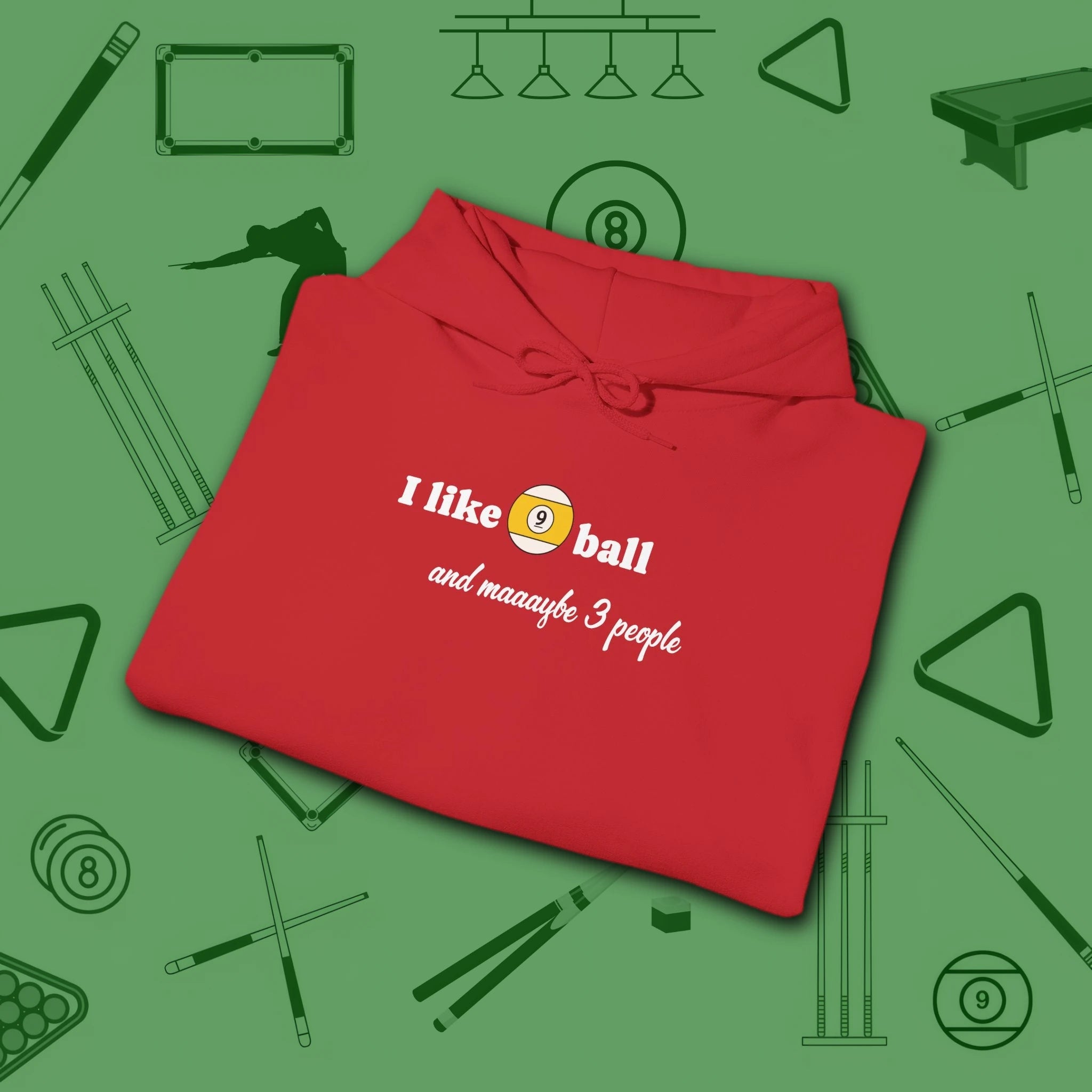 Pool Over People Hoodie, in Red color, billiards shirt, folded view