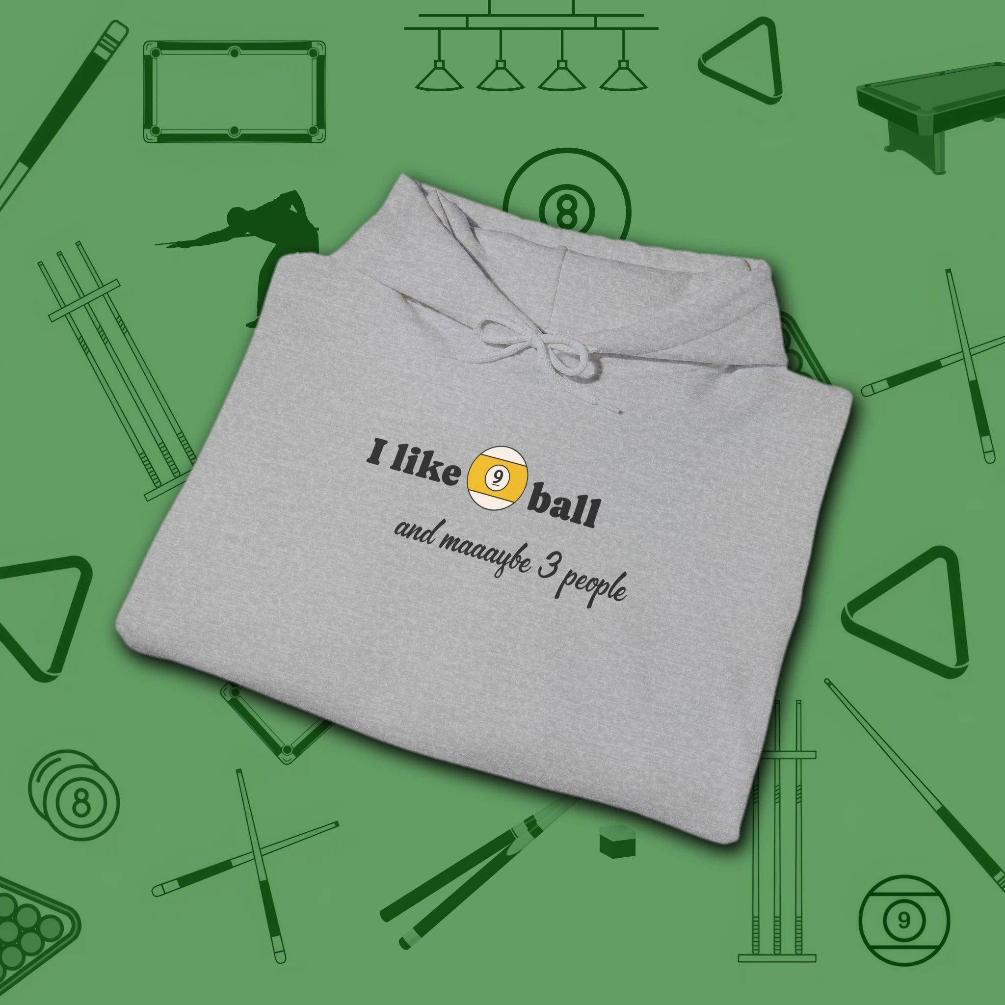 Pool Over People Hoodie, in Sport Grey color, billiards shirt, folded view