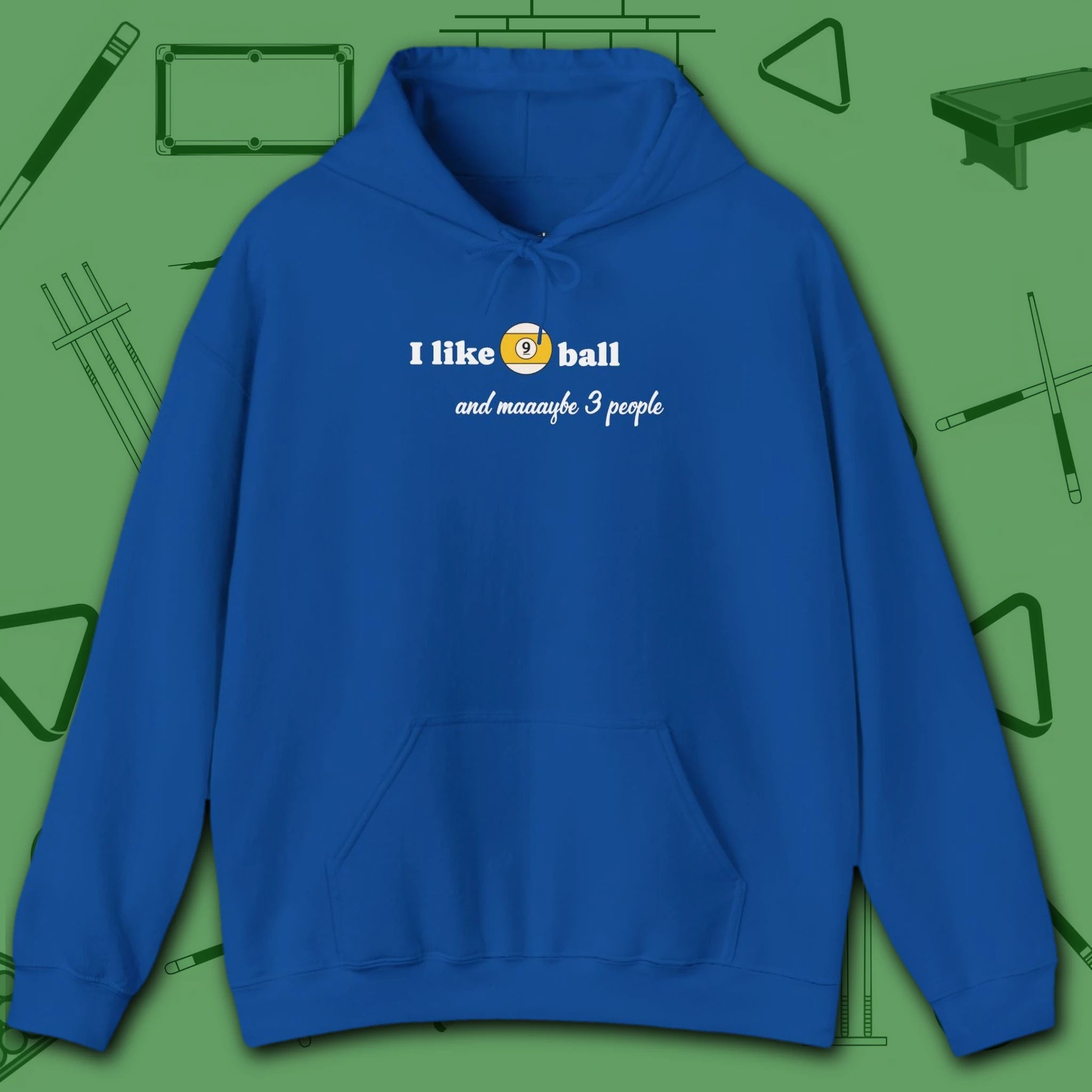 Pool Over People Hoodie, in Royal color, billiards shirt, front view