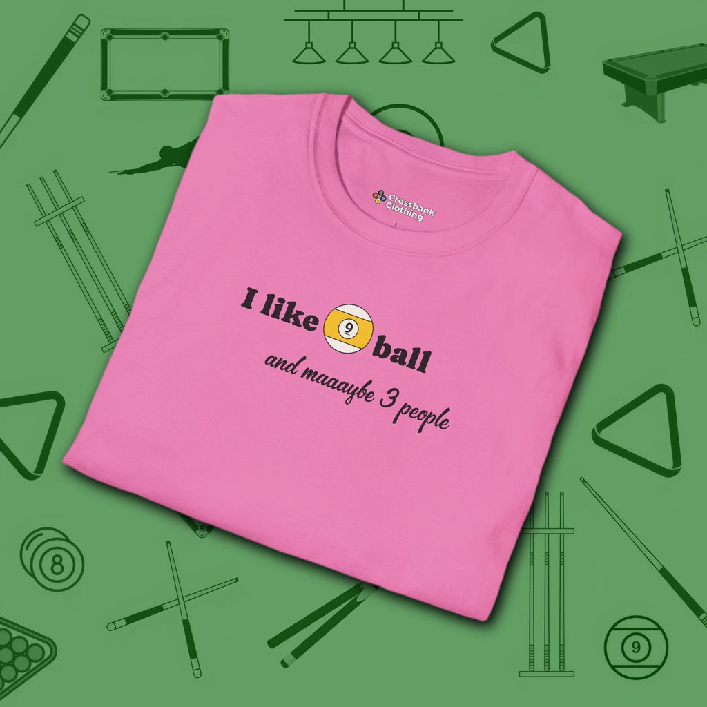 Pool Over People T-Shirt, in Azalea color, billiards shirt, folded view